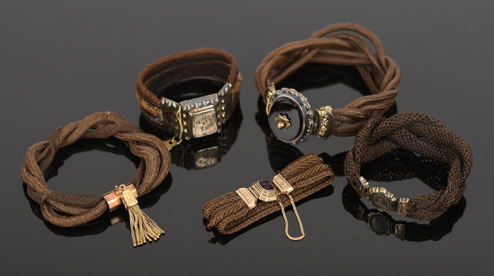 VICTORIAN GOLD & GOLD-FILLED HAIRWORK BRACELETS.: Victorian, gold & gold-filled, hairwork bracelets:triple-strand, twisted hair bracelet w/ 14k yellow gold (tested) centerpiece engraved, Mother w/ gold-filled (tested) tassel, w original satin lined, 