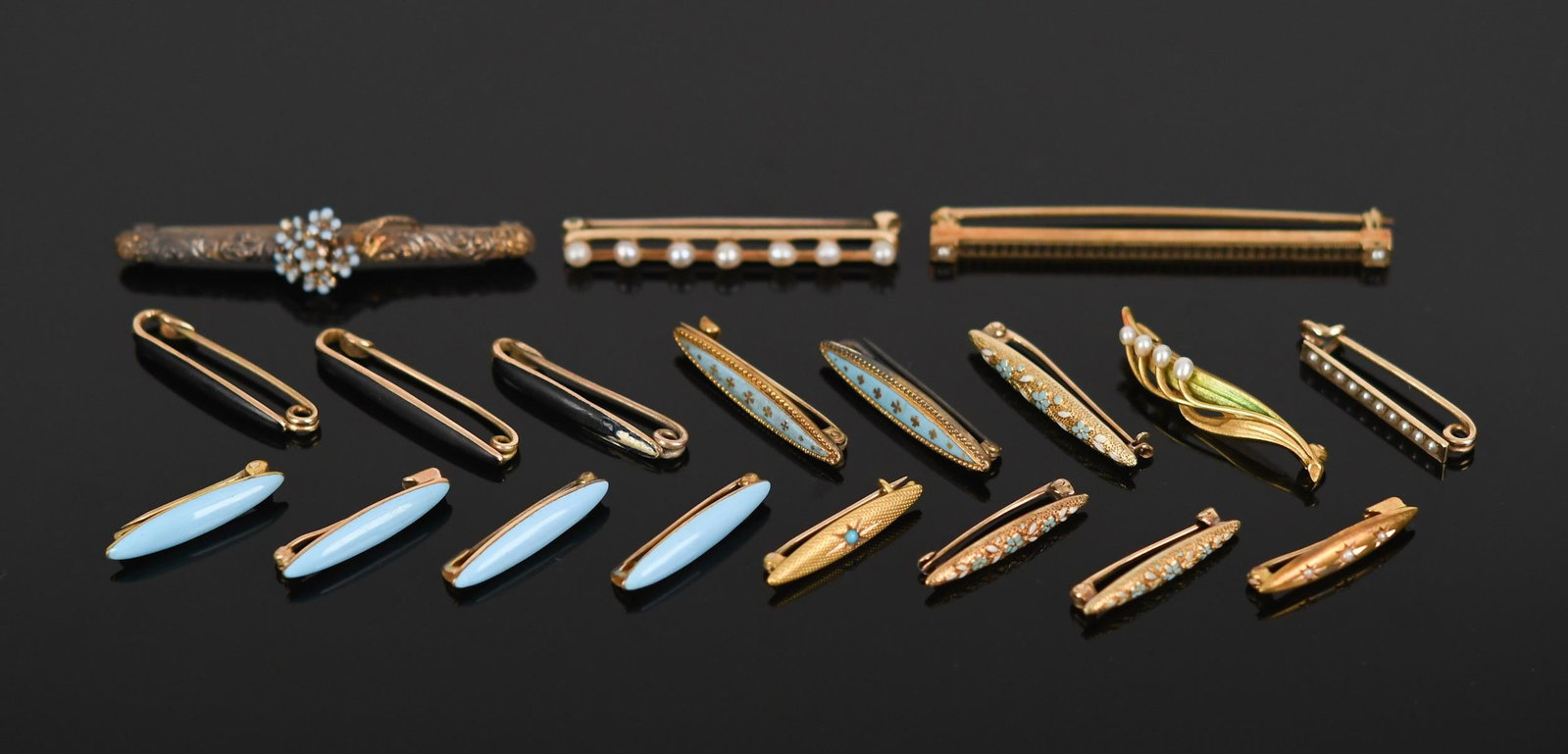 ANTIQUE 14K GOLD ENAMEL OR PEARL LINGERIE PINS.: An assortment of 14k yellow gold (stamped or tested), lingerie and bar (3) pins, accented by enamel, pearls or turquoise, 'forget-me-nots', 22.4 grams.