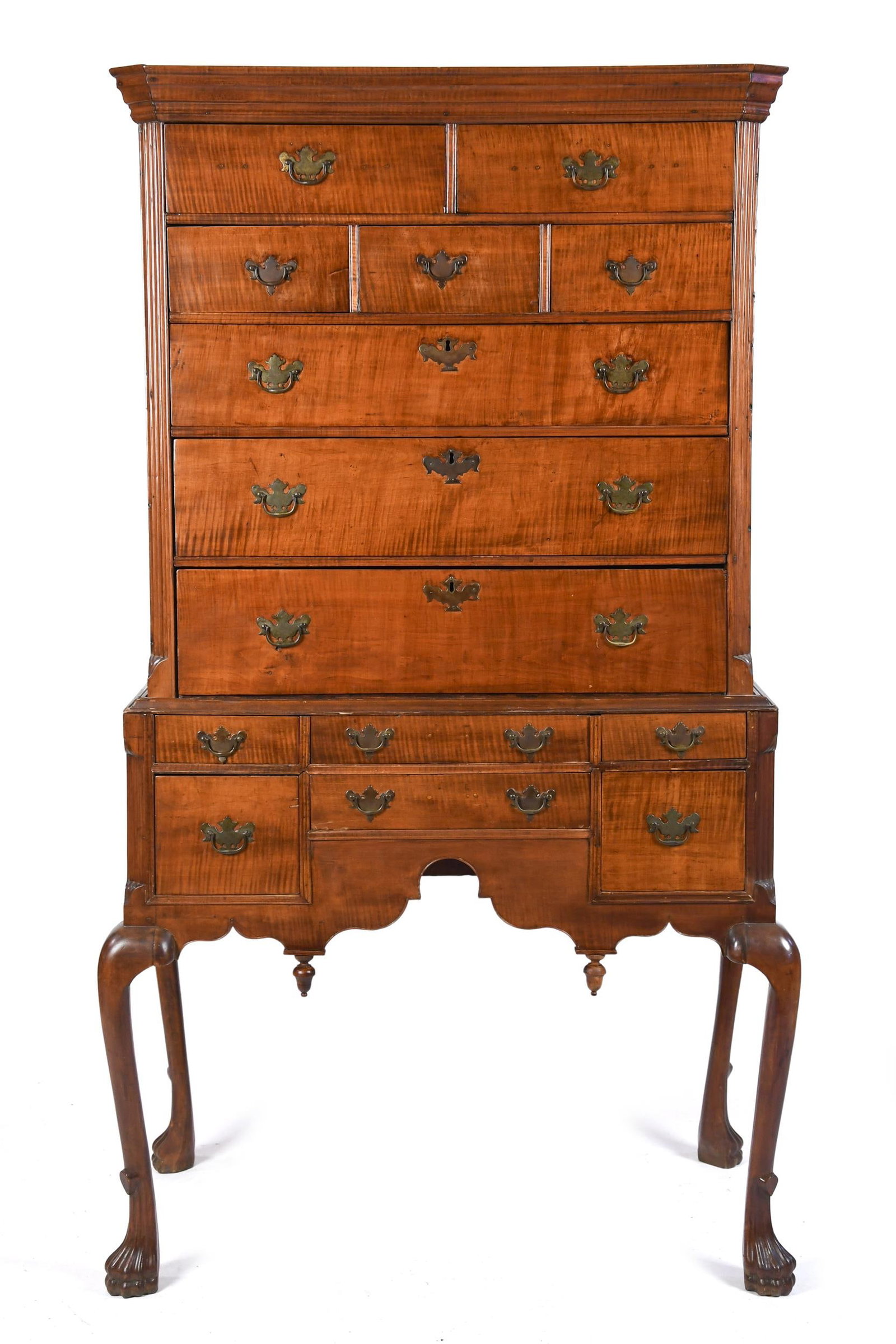UNIQUE 18TH C. NE QUEEN ANNE TIGER MAPLE HIGHBOY. (1 of 10)