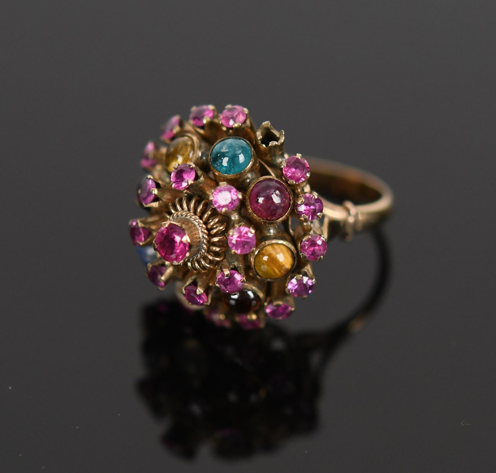 VINTAGE 14K GOLD PRINCESS MULTI-GEMSTONE RING.: A vintage, 14k yellow gold (stamped), princess ring set with approx. 4 ct. tw., faceted round, medium pink sapphires or rubies and cabochon cut, ruby, sapphire, emerald, garnet, moonstone, citrine