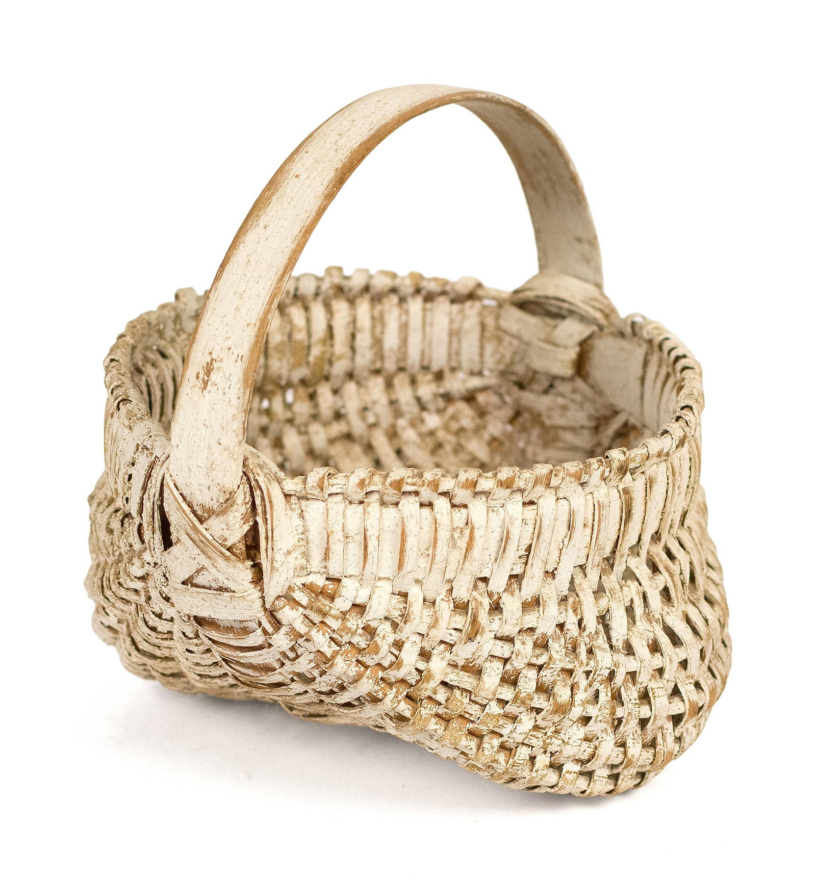 ANTIQUE MINIATURE WHITE PAINTED BUTTOCKS BASKET.: An antique handled miniature woven splint buttocks basket with old chalky/milk white paint. 5”H x 5”W. Provenance: from the lifelong, curated collection of Kathy Schoemer, Walpole, NH.