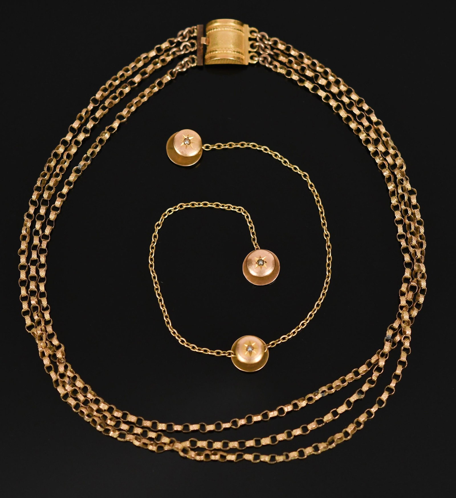 VICTORIAN 14K GOLD COLLAR STUDS & CHILD'S NECKLACE.: Victorian, 14k yellow gold (tested or stamped): signed, Shreve & Co., seed pearl, collar studs with chain, 7” long chain; triple-rolo chain, child's necklace or chain extension, 10mm clasp,