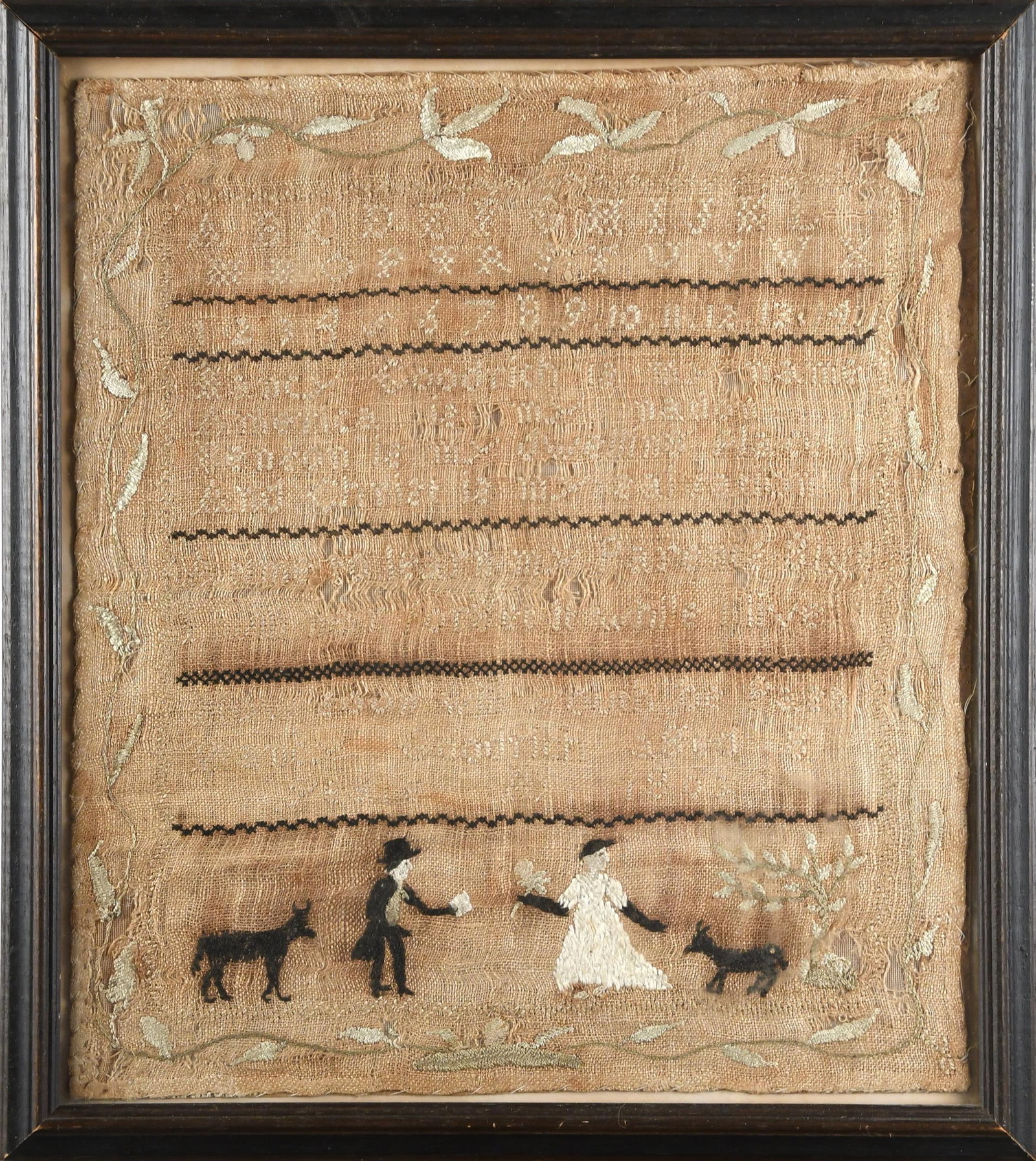 1803 BENSON VT, MATRIMONY SAMPLER, EX STEPHEN SCORE.: A rare Vermont sampler by Nancy Goodrich, verse reads 'Nancy Goodrich Is my name, America is my Nation, Benson is my Dwelling? Place?, Christ is my Salvation, Nancy Goodrich Age ? Years of 1803'. Fram