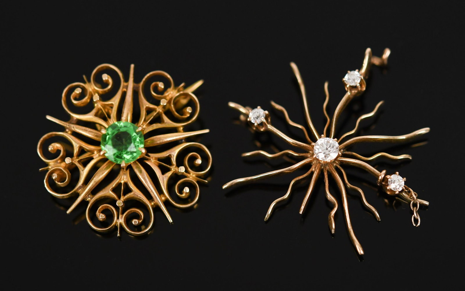 TWO VICTORIAN 14K GOLD PINS.: Two, Victorian, 14k yellow gold (tested), pin/pendants, one is set with green glass (some small chips); sunburst pin has approx. .33 ct. tw., Old European cut, natural diamonds of H color and VS-SI cl