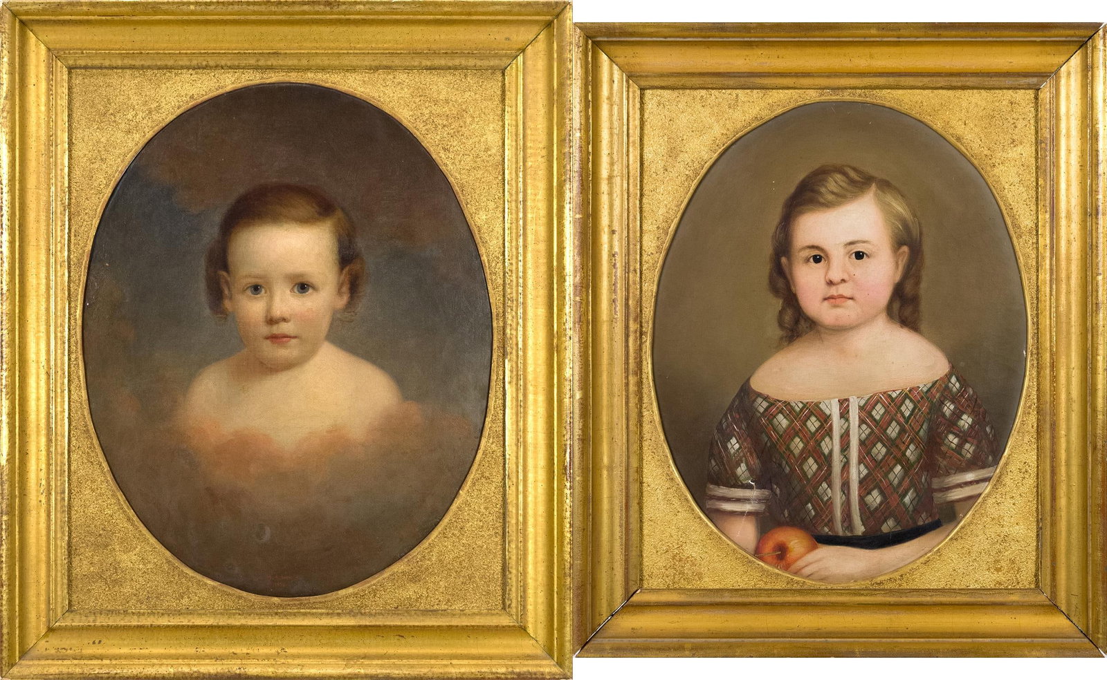 TWO 19TH C. PORTRAIT PAINTINGS CHILDREN.: Two mid 19th C. American school oil on canvas portraits of two children, likely sisters, one holding an apple. Image 20” x 18”, Frame 25” x 21”.