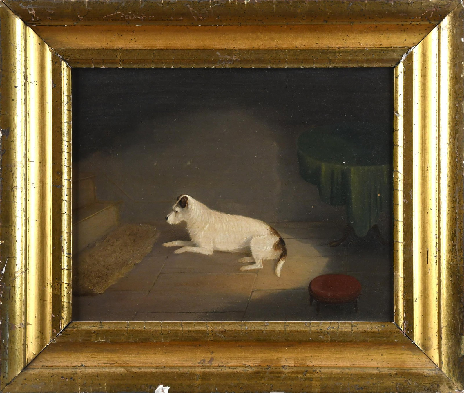 19TH C. O/B JACK RUSSEL TERRIER, PERIOD FRAME.: A 19th C. oil on board, a Jack Russel Terrier lying in an interior, period hand written provenance on reverse. Image 8” x 10” , Frame 11.5” x 13.5”. Provenance: from the