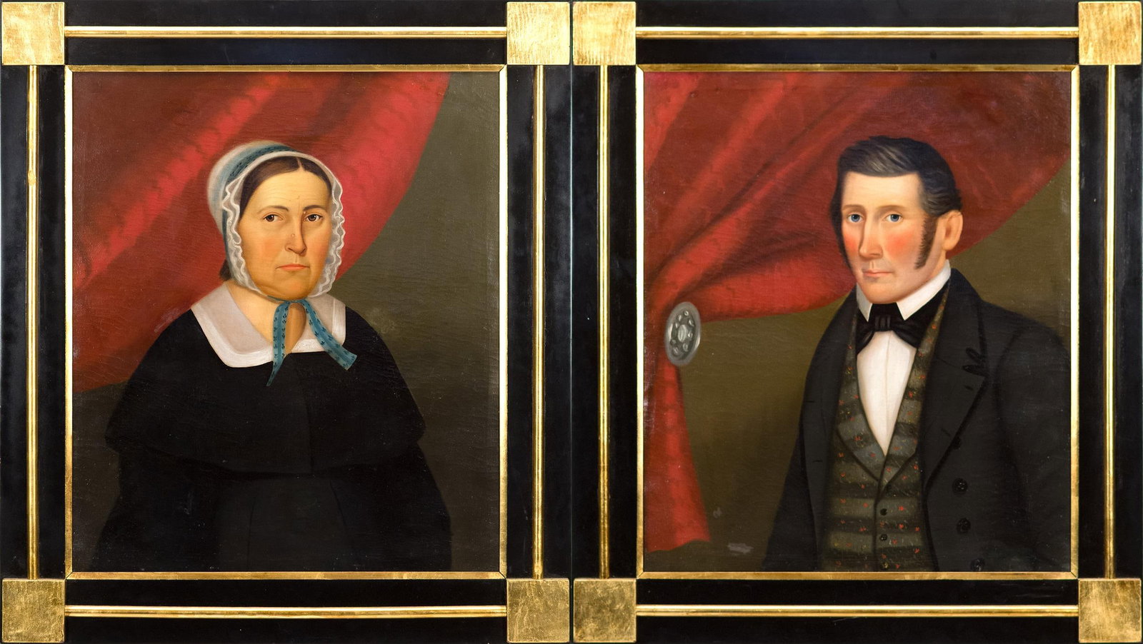 19TH C. PAIR OF HORACE BUNDY PORTRAITS.: A pair of 1840 Horace Bundy (1814-1883) oil on canvas portraits of a Springfield, VT husband and wife, identified in artist's hand on back as Mr. & Mrs. Brown, dated 1840. Image 28” x