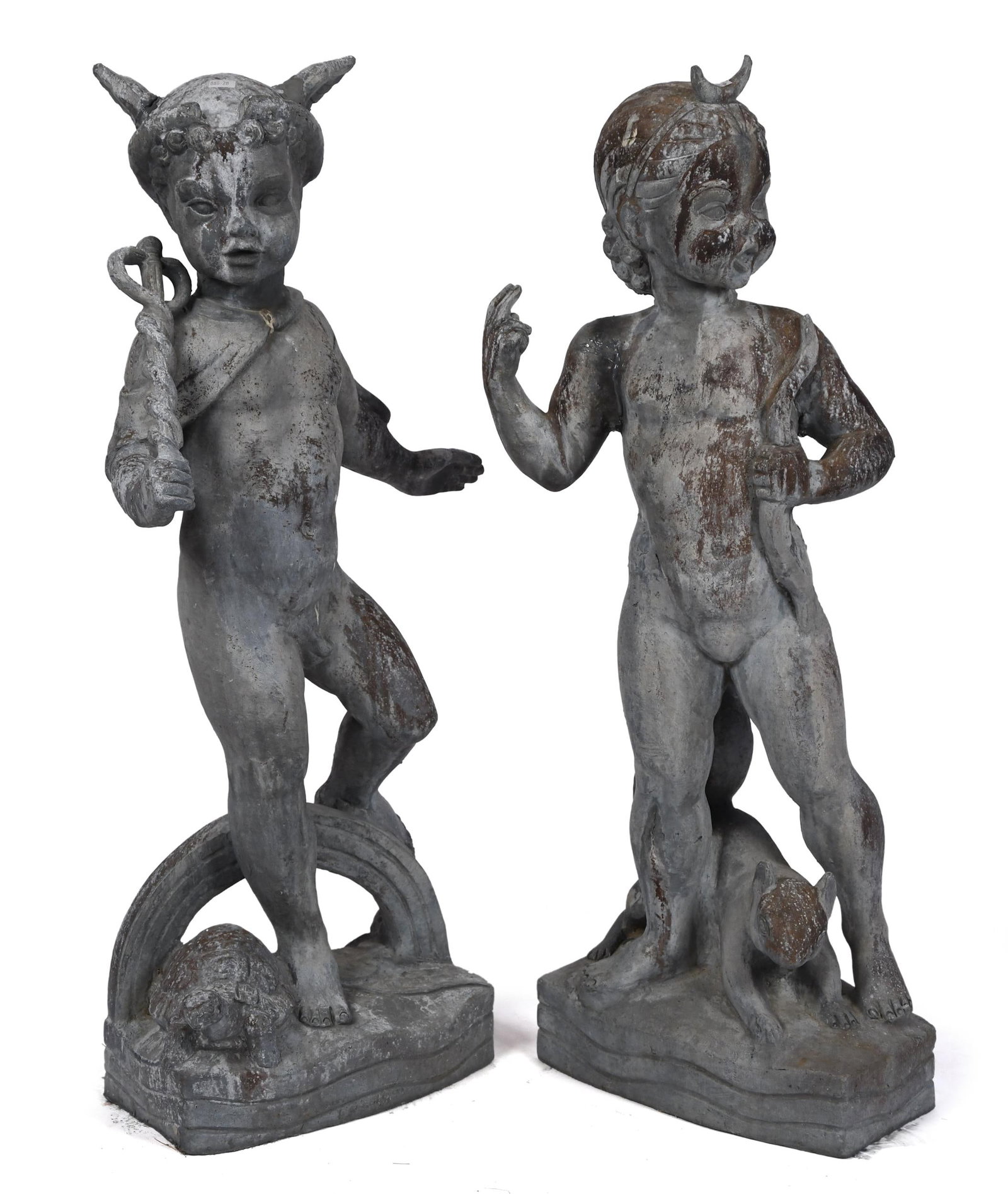 PR. ANTIQUE ZINC FIGURAL GARDEN STATUES.: A pair of antique cast zinc garden statues, mythological figures with boy holding scepter and with a turtle on the base. Girl with bow and squirrel on base, 33”H.