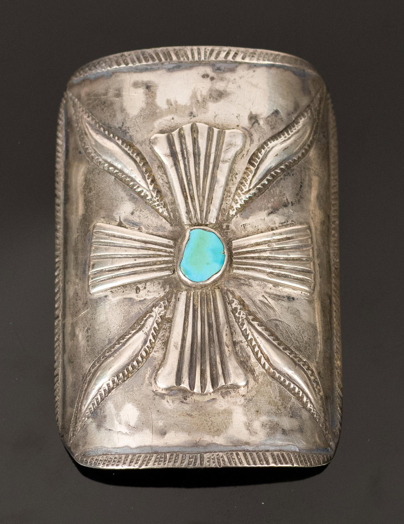 NATIVE AMERICAN STERLING SILVER & TURQUOISE PLAQUE.: A vintage, handmade, Native American, sterling silver (tested) and turquoise plaque for a bracelet or belt, 3 3/4” x 3 1/8” dim., 3.13 oz t..