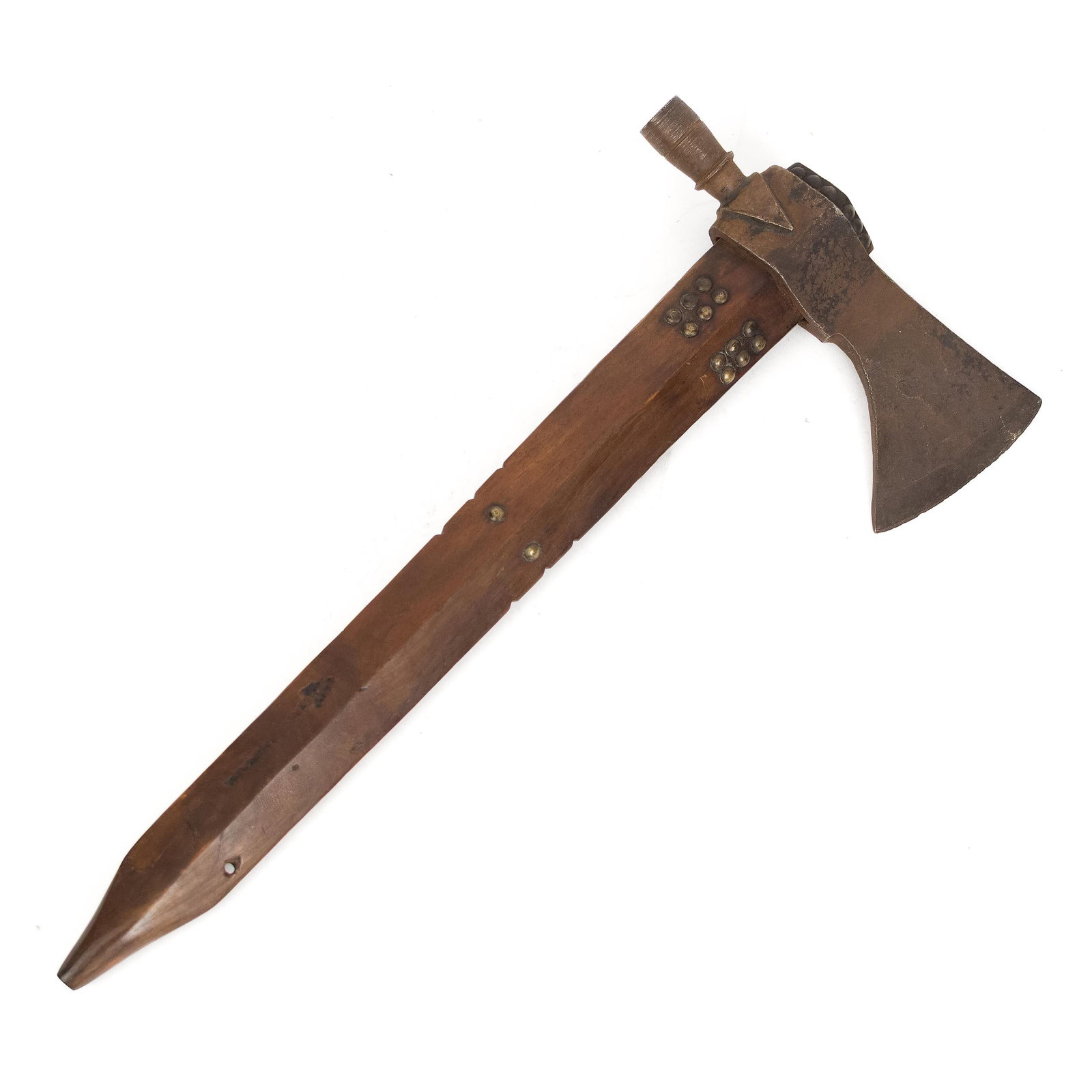 19TH C. NATIVE AMERICAN PIPE TOMAHAWK.: A 19th C. Native American pipe tomahawk with brass tacks in a walnut handle, incised with upward facing arrows. 18.5”H x 8”W (pipe/blade).