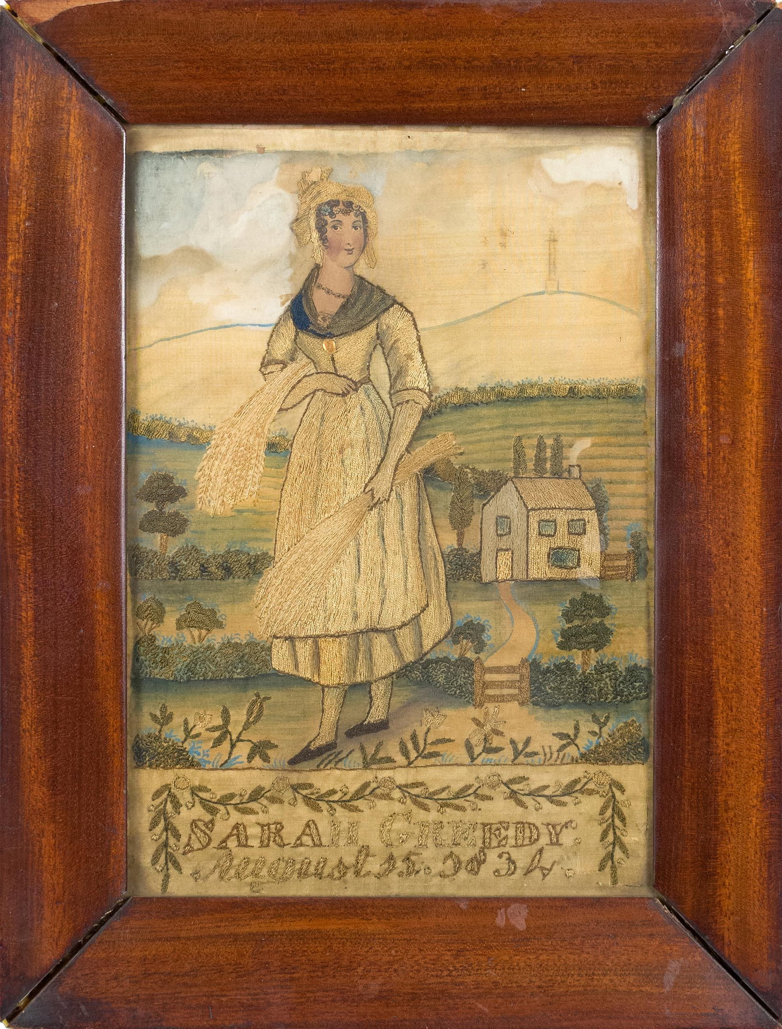 1834 SARAH GREEDY NEEDLEWORK, SUTTONS SCHOOL.: A crewel work and watercolor on silk, woman and house in country landscape, titled bottom of image, Sarah Greedy August 11 1834, in a period mahogany frame. The reverse reads, Sarah Greedy her
