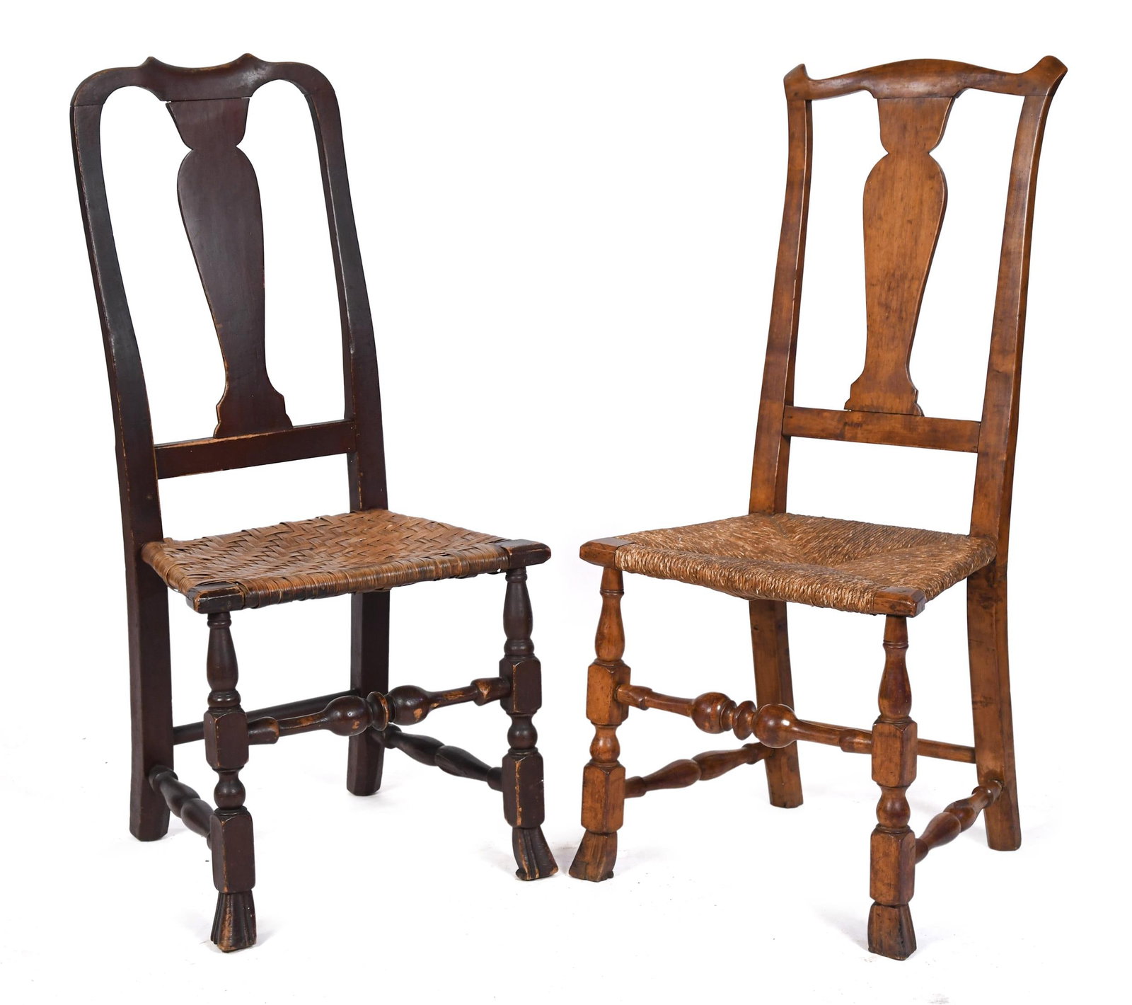 TWO 18TH C . NE COUNTRY QUEEN ANNE CHAIRS.: Two 18th C. New England, Spanish foot Queen Anne chairs in old color, including a red painted example with yoke back, vase form splat, splint seat on block and ring stretcher base, with a great