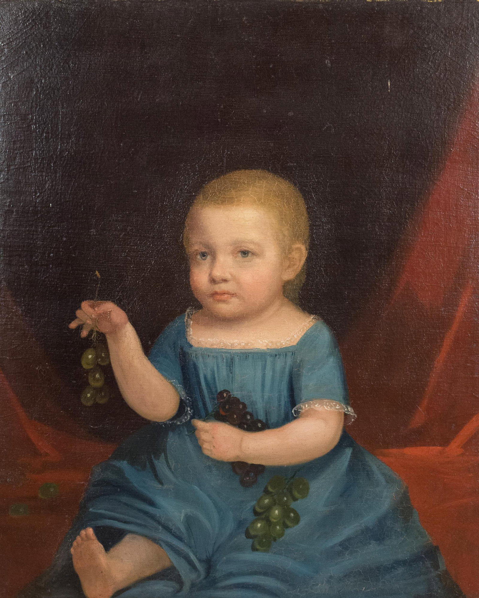 EARLY 19TH C. OIL PORTRAIT, ATTRIB. HENRY WILLIAMS.: A charmingly naïve ca. 1815 New England oil portrait of a young girl, attributed to Henry Williams, (1787-1830). The girl is barefoot, wearing a blue dress with white lace trim and holding clusters
