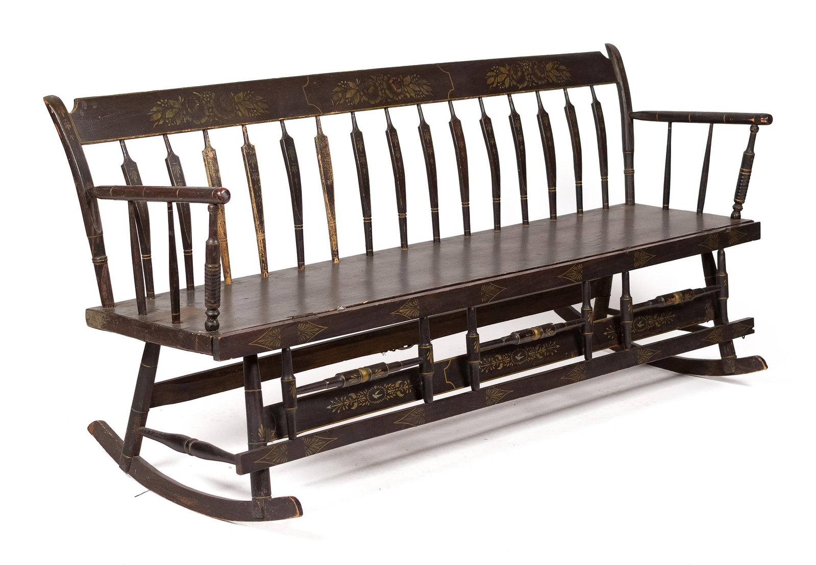 19TH C. STENCIL DECORATED WINDSOR ROCKING BENCH.: A 19th C. stencil decorated Windsor rocking bench with child guard, 31”H x 68”W x 28”D.