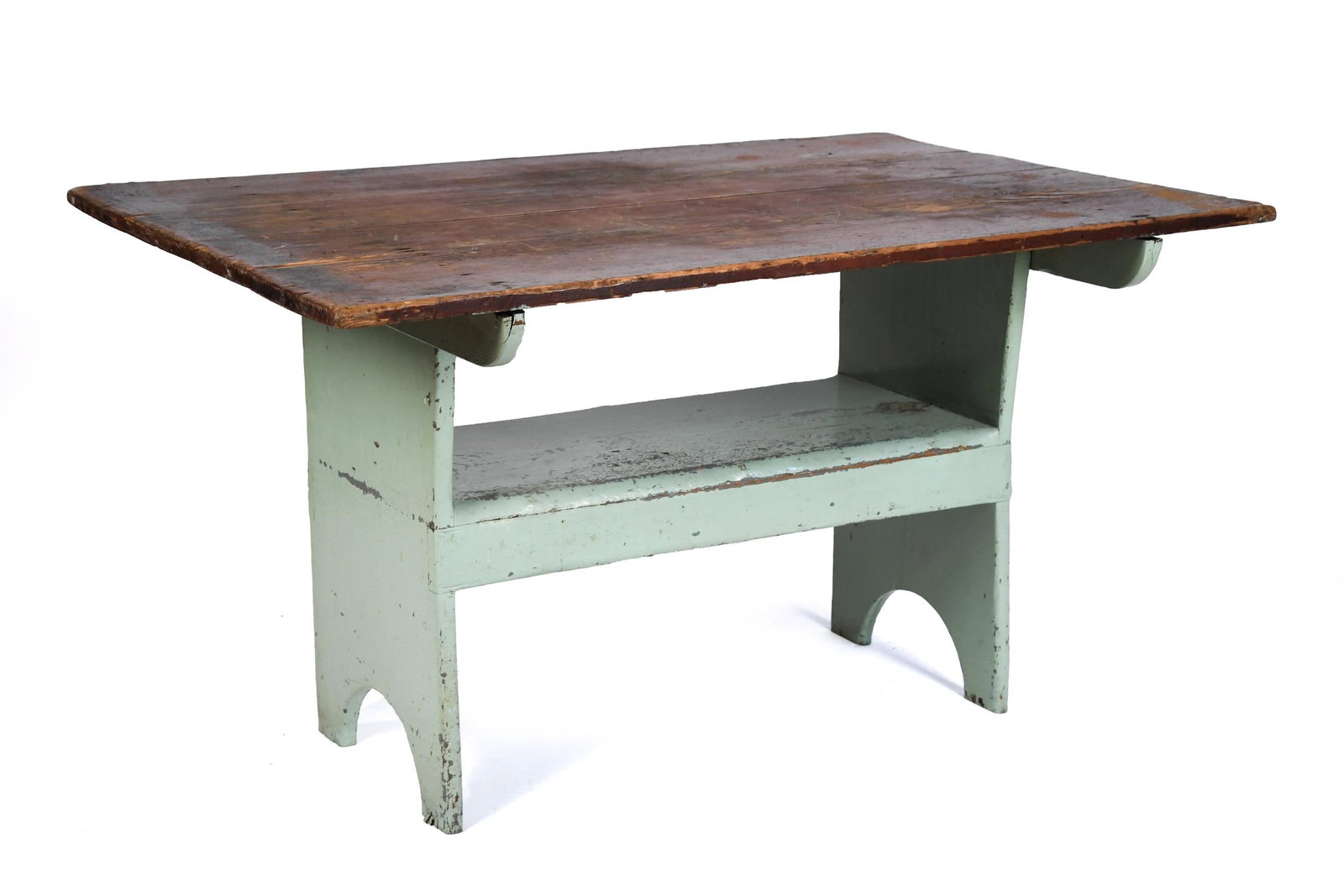 19TH C. PAINTED HUTCH TABLE.: A 19th C. American country hutch table with a removable rectangular top in old red paint, on a green painted base. 29.5”H x 54”W x 35.25”D.
