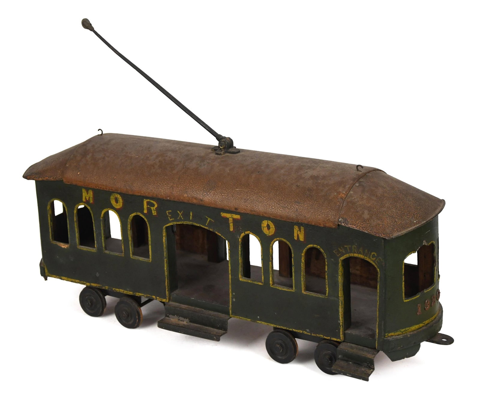 ANTIQUE FOLK ART TROLLEY OR TRAIN CAR, MORTON.: An antique handmade model train or trolley car with inscription, ‘Morton’, in wonderful old and original paint. 10”H x 24”W x 7”D.