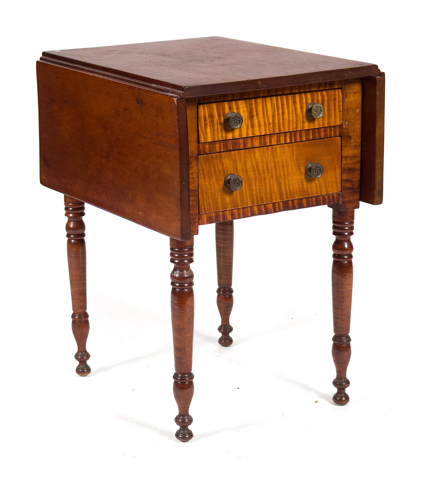 GOOD 19TH C. NEW ENGLAND TIGER MAPLE WORK TABLE.: A good ca. 1820 New England Sheraton tiger maple and cherry drop leaf work table/stand with old color. 28”H x 18.75W (leaves down) x 38.5” W (leaves up) 24”D.