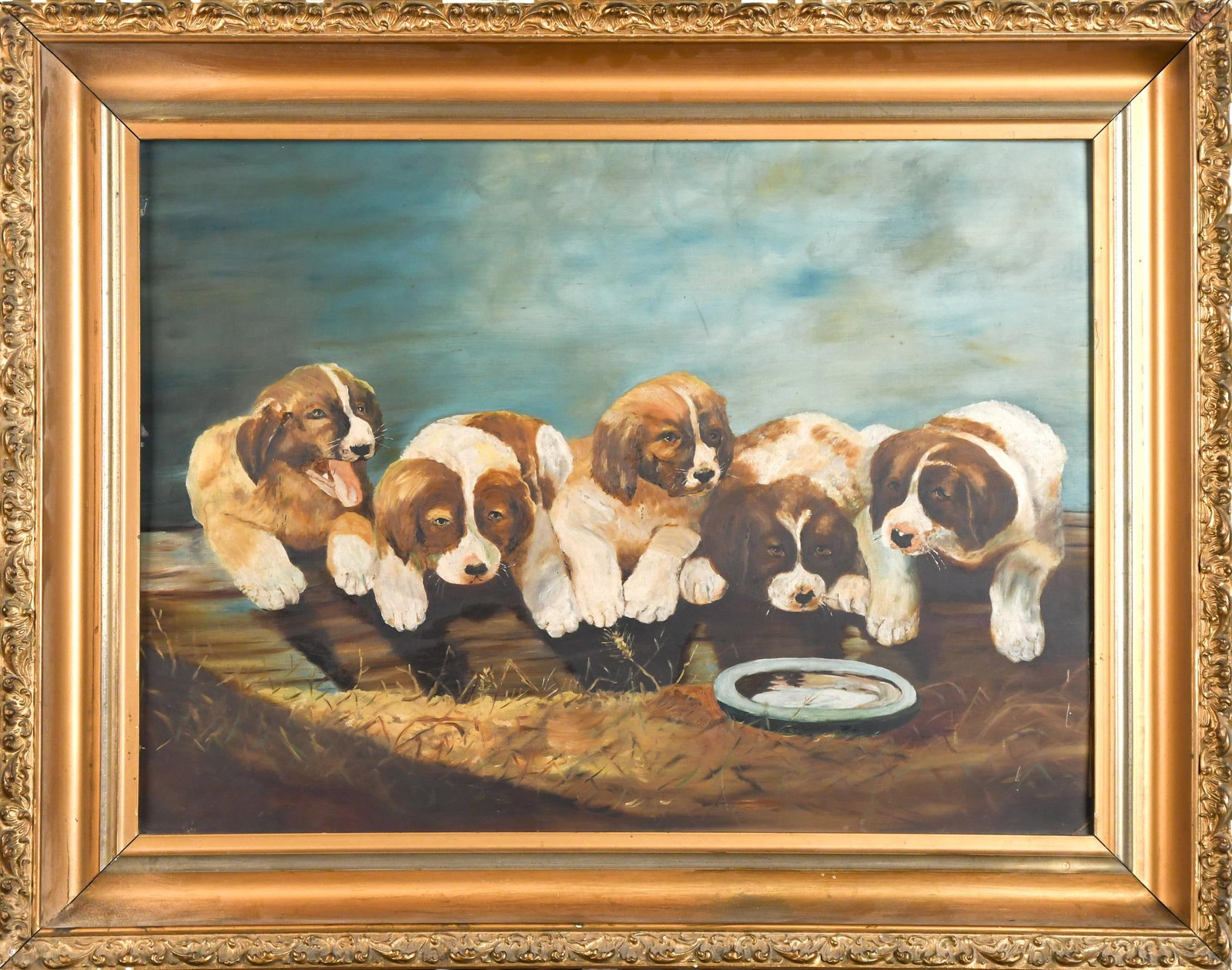 19TH C. OIL ON CANVAS, PUPPIES.: A 19th C. oil on canvas, five young dogs of a litter lying side-by-side before a water bowl in an outdoor setting. Image 18” x 24.25”, Frame 24” x 30.25”.