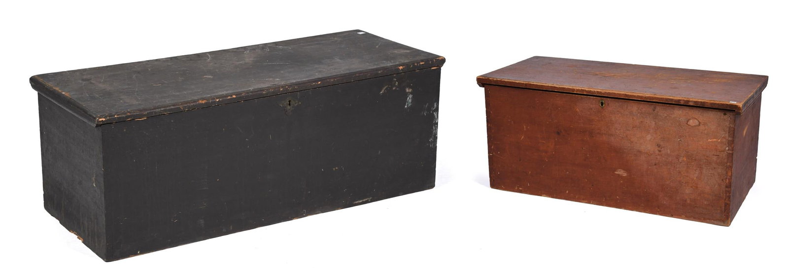 TWO EARLY 19TH C. DOVETAILED STORAGE BOXES.: Two early 19th C. dovetailed storage boxes. Red example 16.5”H x 37.5’W x 18”D. Green example 16”H x 43”W x 17”D.