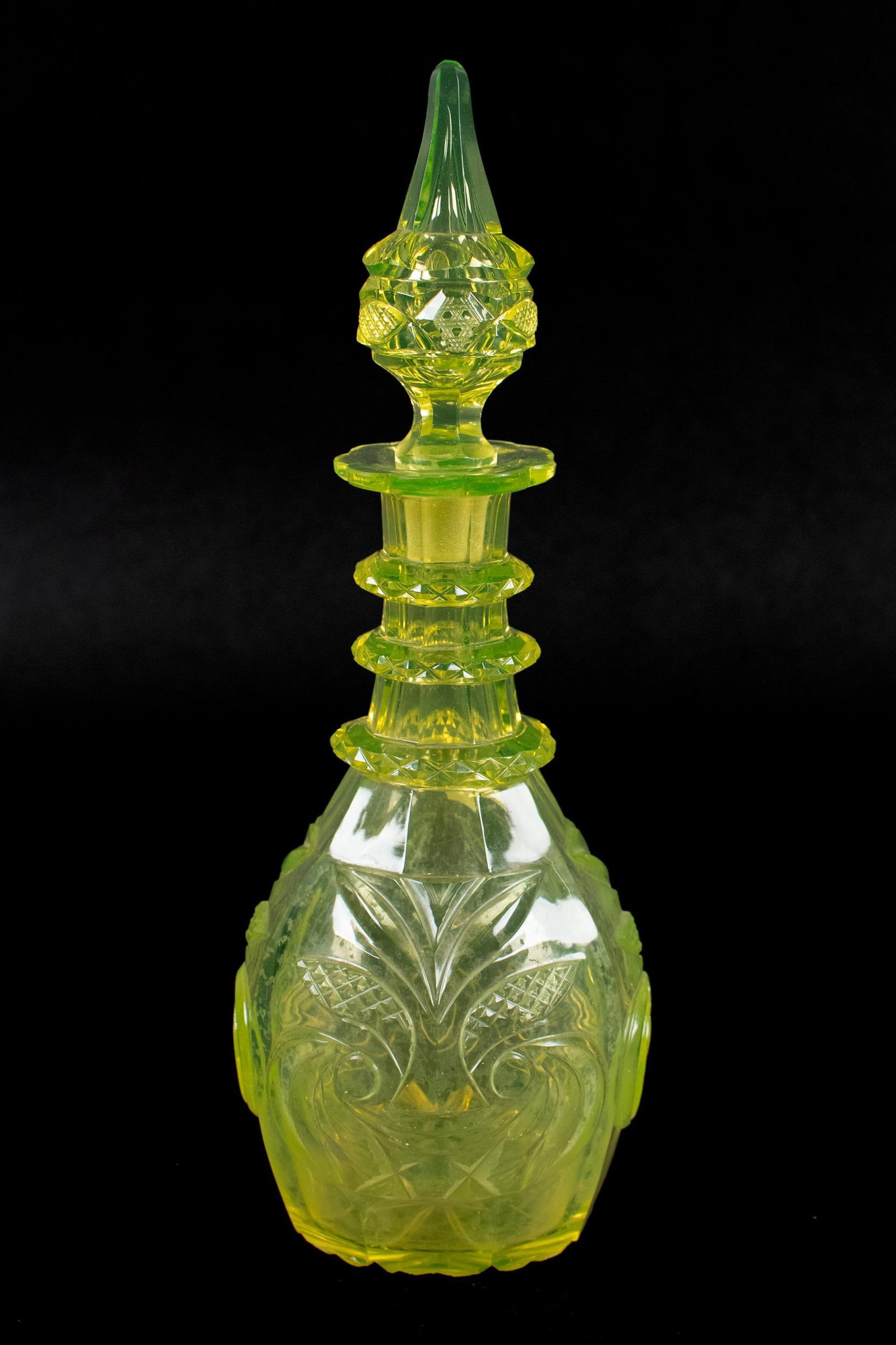 ANTIQUE CUT URANIUM GLASS DECANTER. (1 of 10)