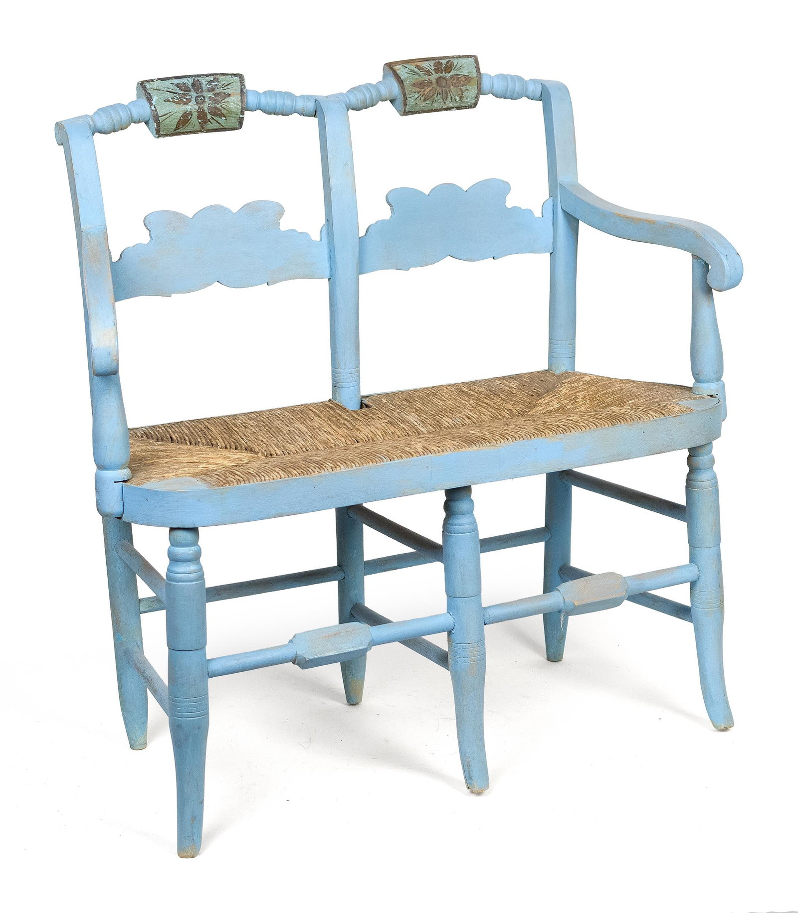 19TH C. CHILD’S BLUE PAINTED SETTEE.: A 19th C. child’s size settee in robins egg blue paint black and gold painted pillow backs and retaining the original rush seat, 26.5”H x 27”L x 14” seat H. Provenance: from
