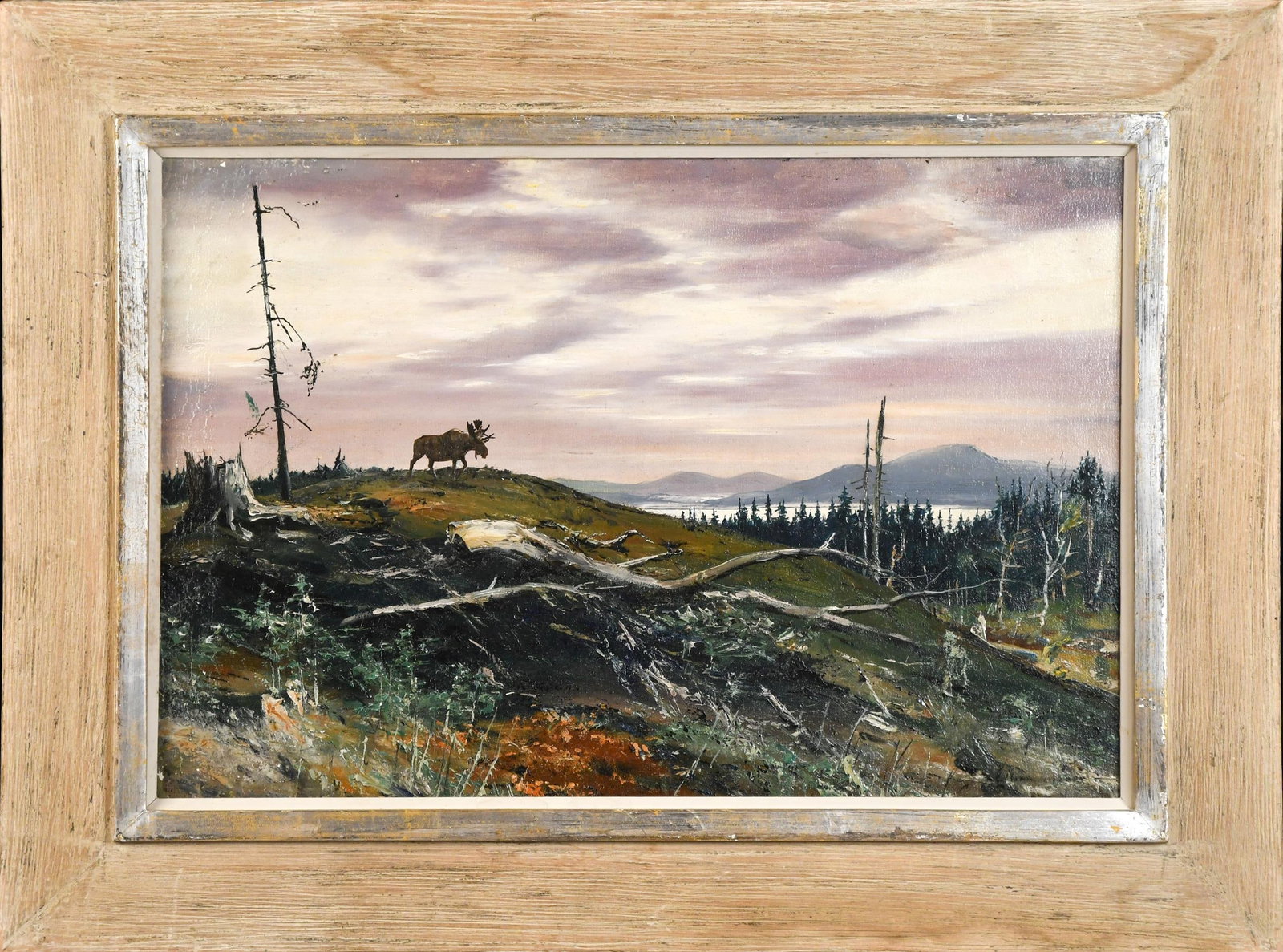 CARL IVER GILBERT OIL, MOOSE ON HILL.: Carl Iver Gilbert (1882-1959) oil on canvas, ‘Moose on the Hill’, a cloudy Northern New England landscape scene depicting bull moose on a hilltop with lake and mountains in background.