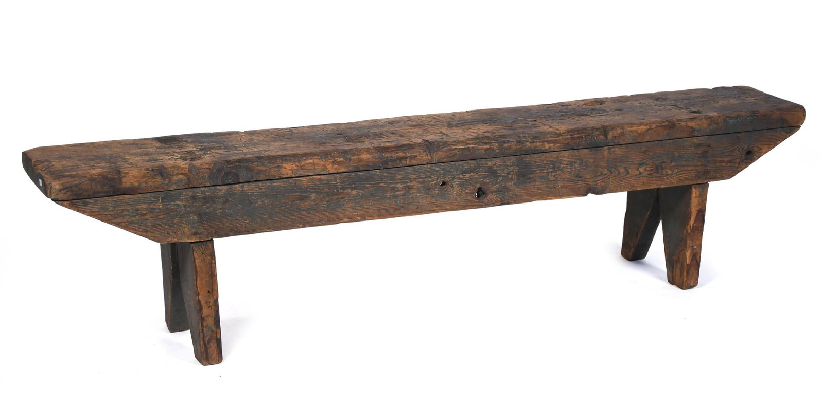 ANTIQUE WATERING BENCH, IN OLD SURFACE.: An antique elongated country primitive watering bench in old green painted surface. 16.5”H x 69”W x 10”D.