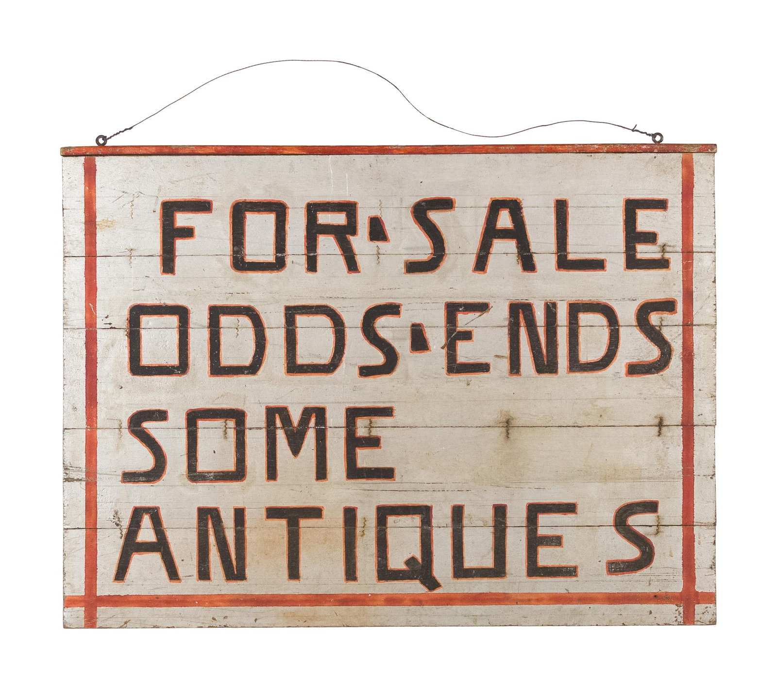 ANTIQUE TRADE SIGN, FOR SALE, ODDS & ENDS ANTIQUES.: Silver painted wooden trade sign ‘For Sale Odds Ends Some Antiques’ with red outlined black lettering and red painted outline. 22” x 29.75”.