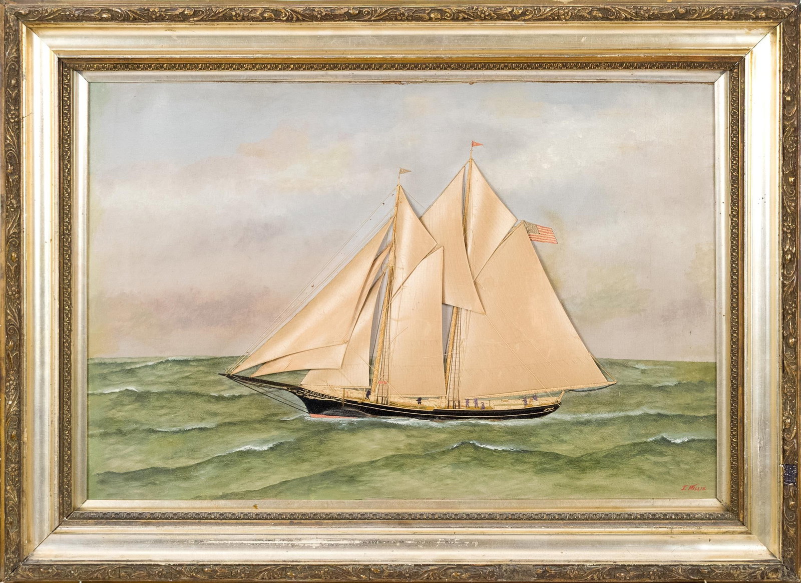 T WILLIS SAILING SHIP ON PAINTED CANVAS.: A late 19th C. framed artwork, oil on canvas with silk flags of the sailing ship Ester Anita flying the American flag, signed lower right T. Willis. Image 16” x 24”, Frame 22” x 30. 