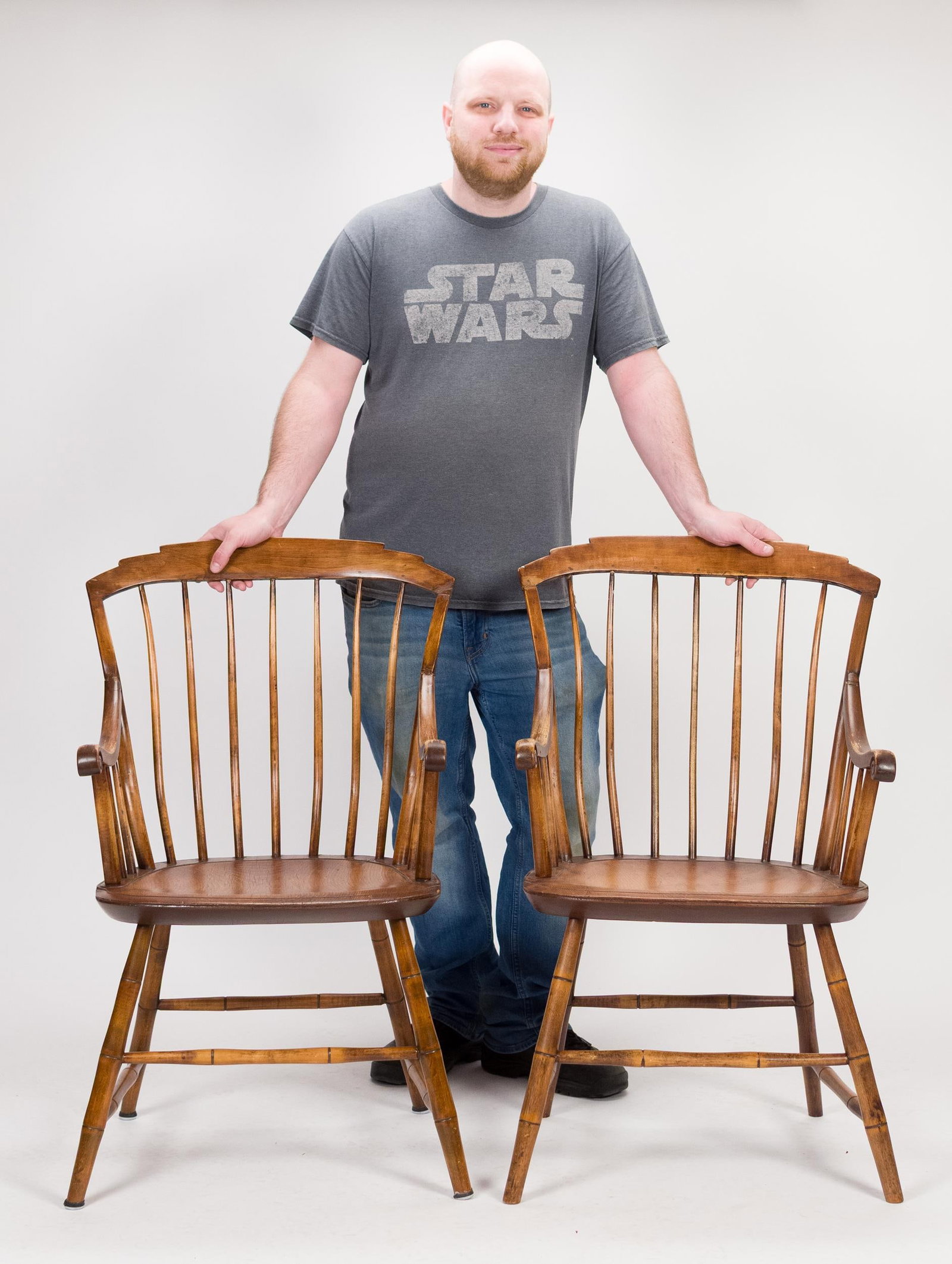 PR. 19TH C. STEP DOWN WINDSOR ARM CHAIRS. - 11