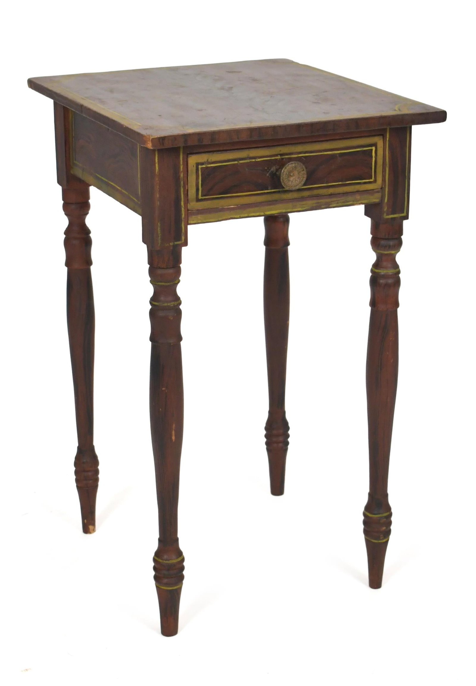 19TH C. STATE OF MAINE PAINT DECORATED STAND.: A ca. 1830 State of Maine paint decorated one drawer Sheraton stand, on turned legs. 29”H x 17”W x 19”D.