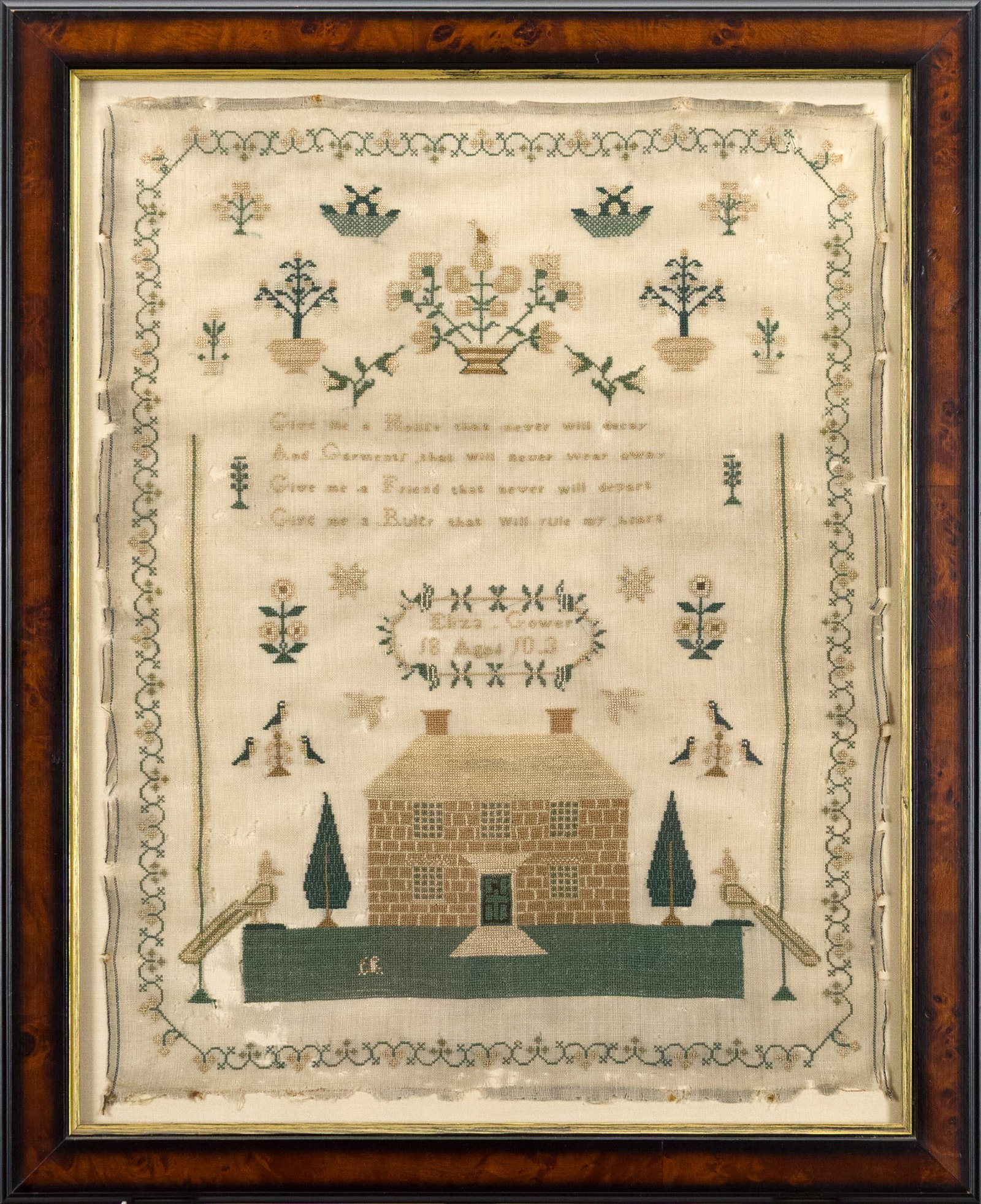19TH C. ELIZA GOWER SAMPLER.: An early 19th C. needlework sampler with verse over Federal building bracketed by trees. Verse, ‘Give me a House that never will decay And Garment that will never wear away Give me a Friend that