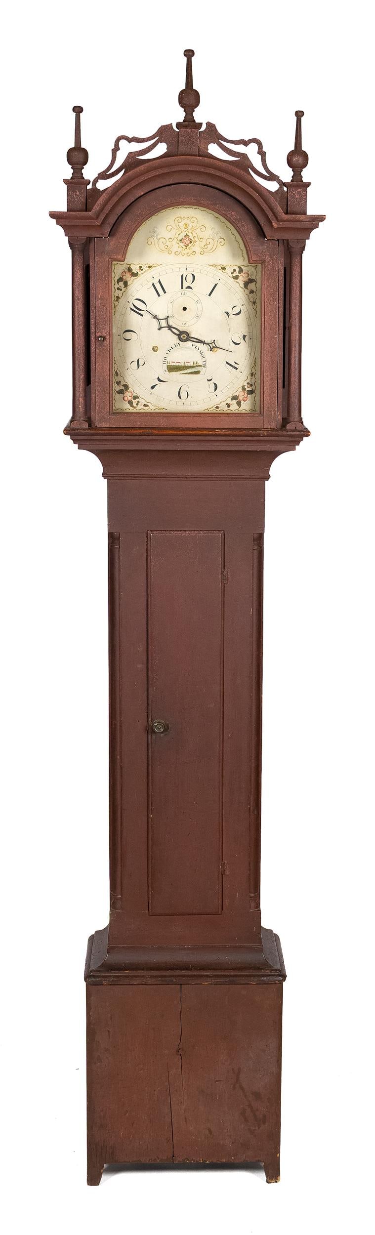 19TH C. SILAS HOADLEY PLYMOUTH CT TALL CLOCK.: An early 19th C. Silas Hoadley, Plymouth, CT tall clock with a pine case in original red paint and wood works, dial signed S. Hoadley Plymouth in a wonderful state of untouched condition, with