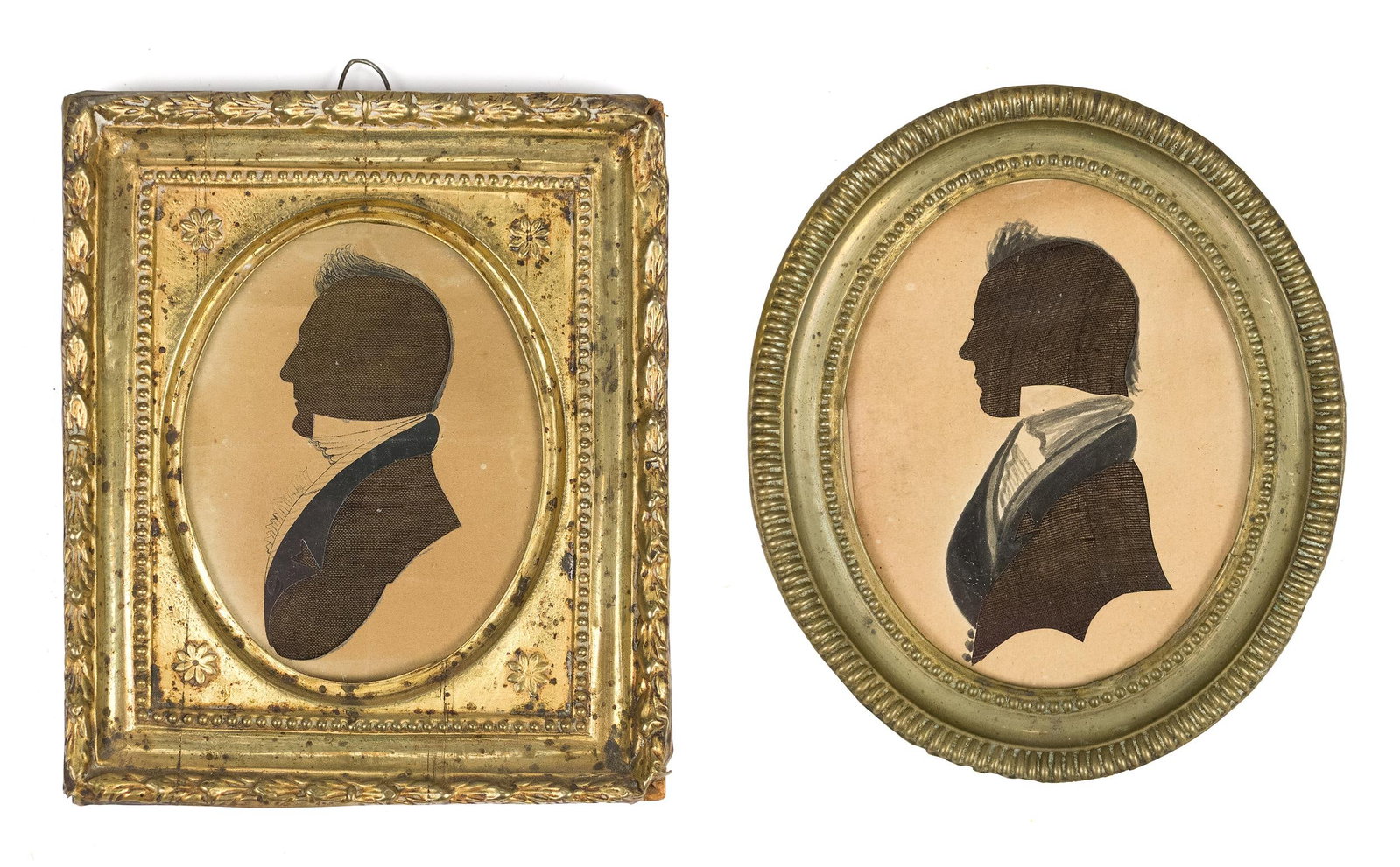 TWO 18TH/19TH C. HAND COLORED SILHOUETTES.: Two ca. 1800 hollow cut and hand colored silhouettes, profiles of gentleman in period and likely original frames. Oval 4.75” x 4” and square 5” x 4.5” overall includes frames. 
