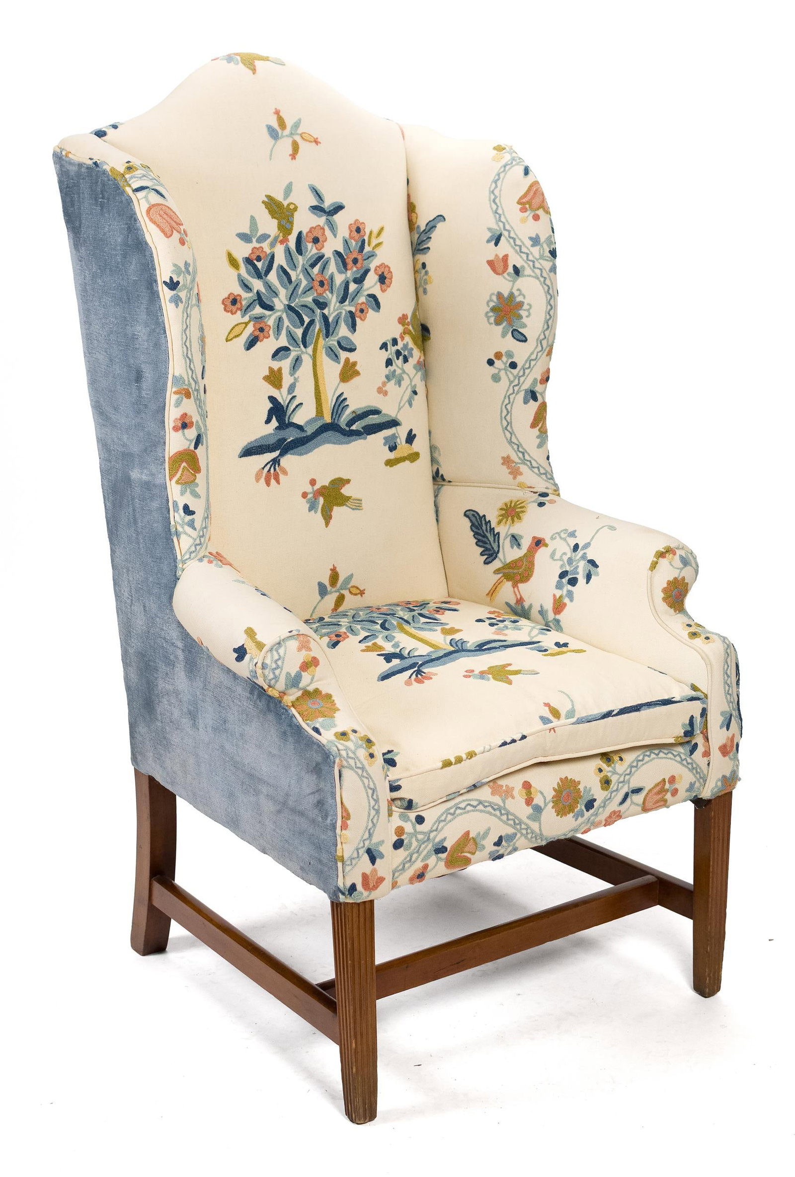 18TH C. FEDERAL RI MAPLE WING CHAIR.: A fine ca. 1790 Federal Rhode Island (narrow size) easy chair, with a high arched back crest rail, straight wings and rolled arms, on a maple stretcher base with tapered square legs the front ones