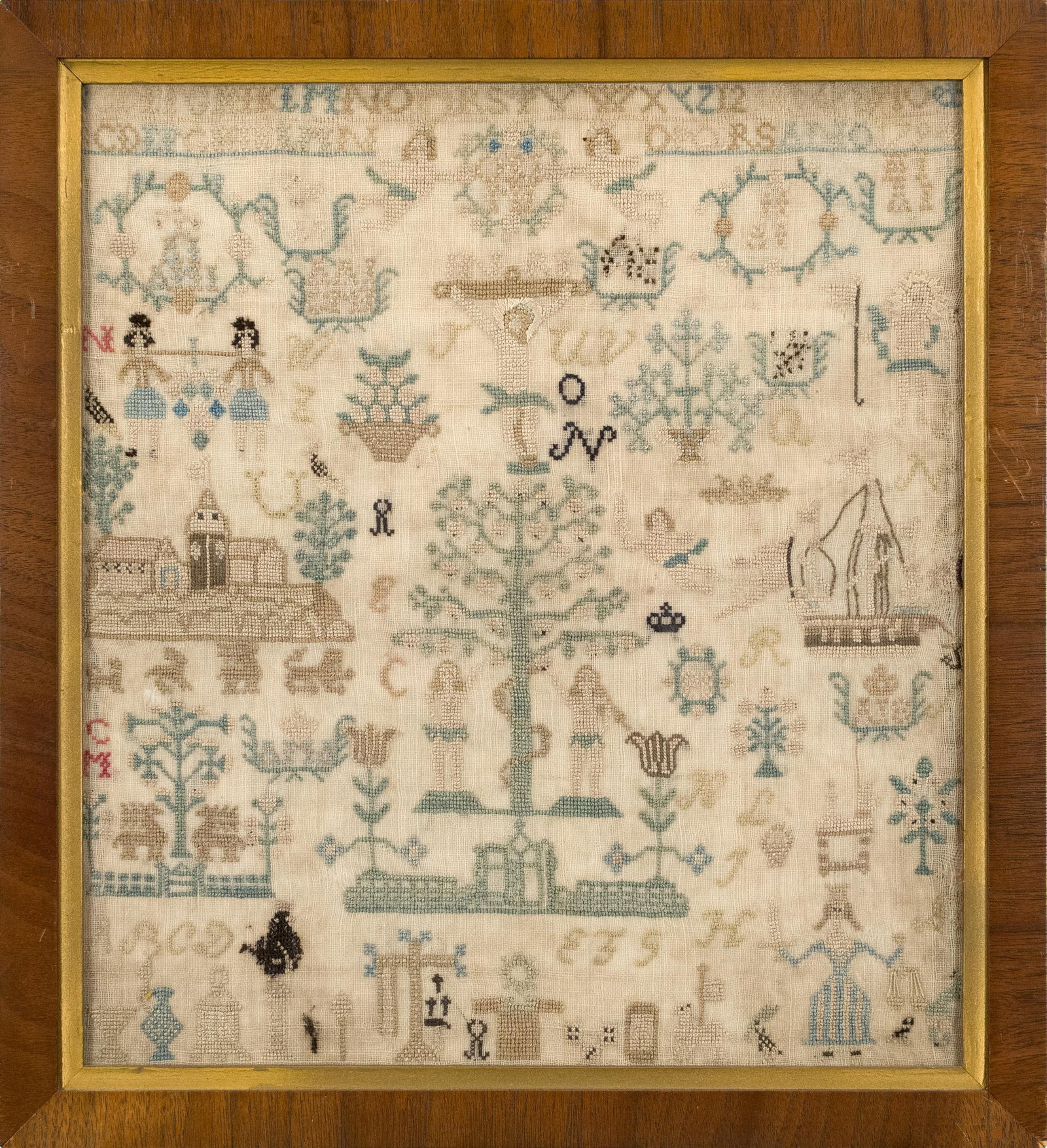 18TH C. BIBLICAL SAMPLER.: A 1794 needlework sampler with biblical motifs, various angels, crucifixion, Garden of Eden and more with alphabetic characters above and throughout. Image 11” x 12.25”, Frame
