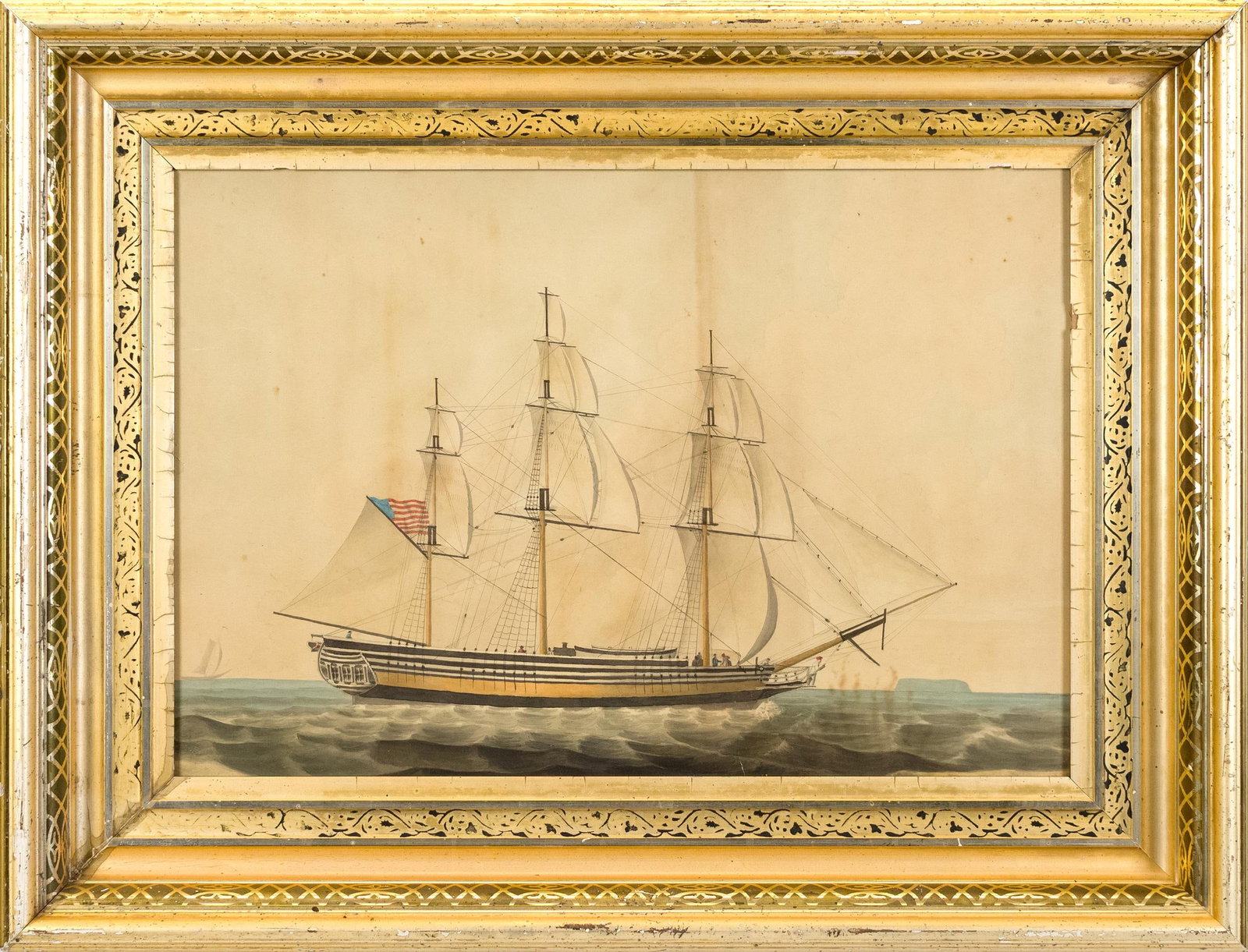 FINE 19TH C. MARINE WATERCOLOR, SHIP VOLTAIRE.: A finely painted 19th C. American School watercolor, profile of the ship Voltaire (identified on back with history). Image 14” x 21”, Frame 22.5” x 29.5”. Provenance: the
