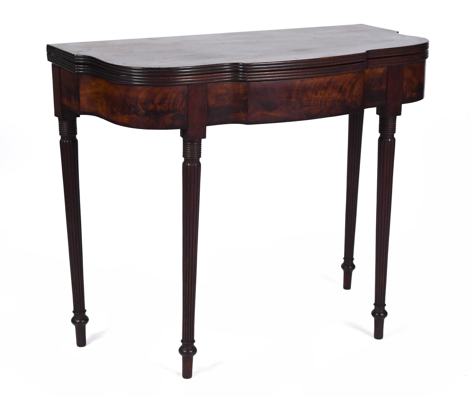 19TH C. FEDERAL CARD TABLE, ATTRIB. NENEMIAH ADAMS.: A ca. 1820 Salem, MA Federal mahogany serpentine hinged top card table, attributed to Nehemiah Adams. 29.75”H x 36”W x 18”D.