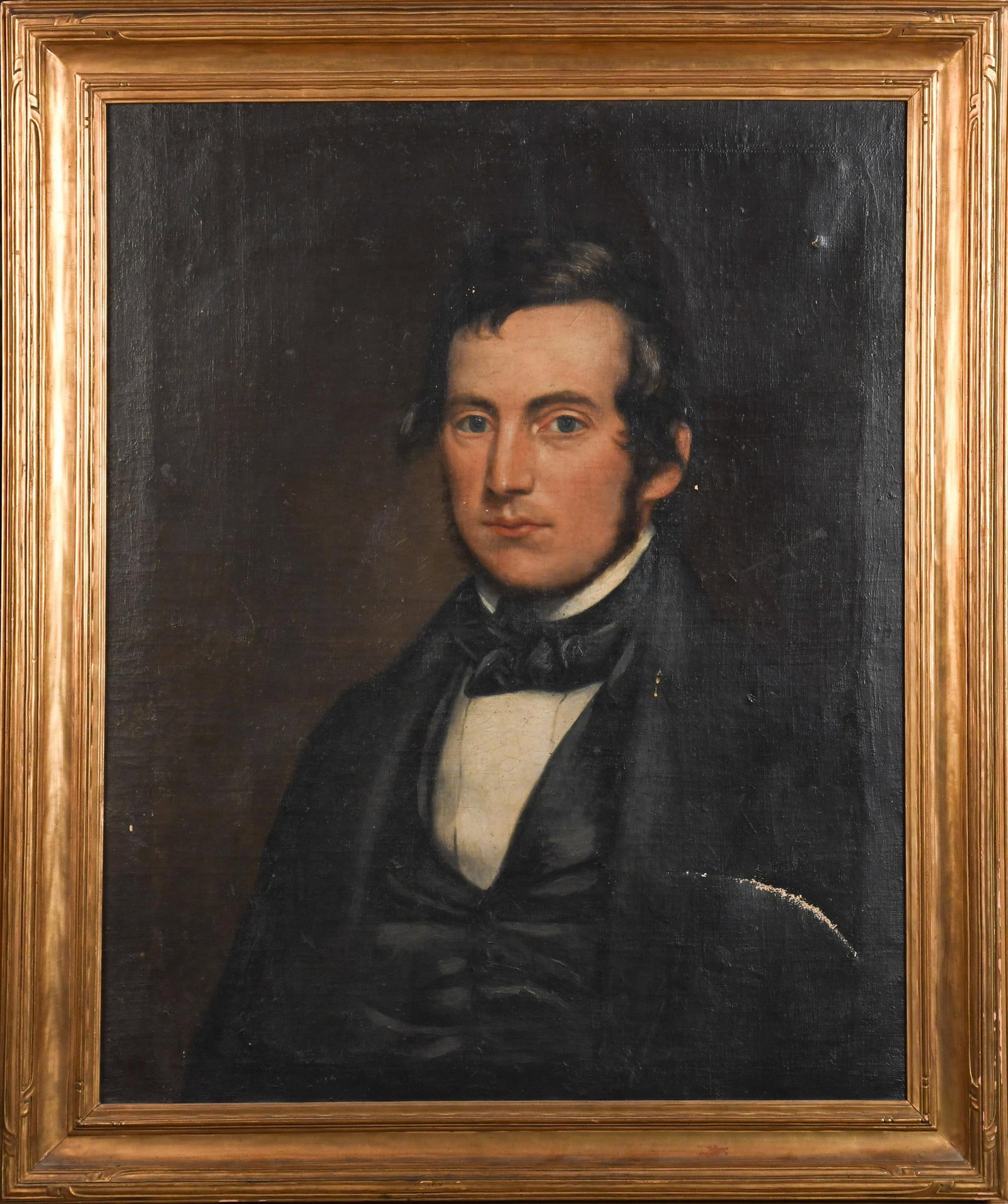 CHARLES V. BOND OIL, PORTRAIT OF MAN.: Charles V. Bond (Vermont b.1825) oil on canvas, portrait of a young man in formal attire in a subdued setting. ‘PAINTED BY CV BOND’ stenciled on back of canvas. Image 30” x