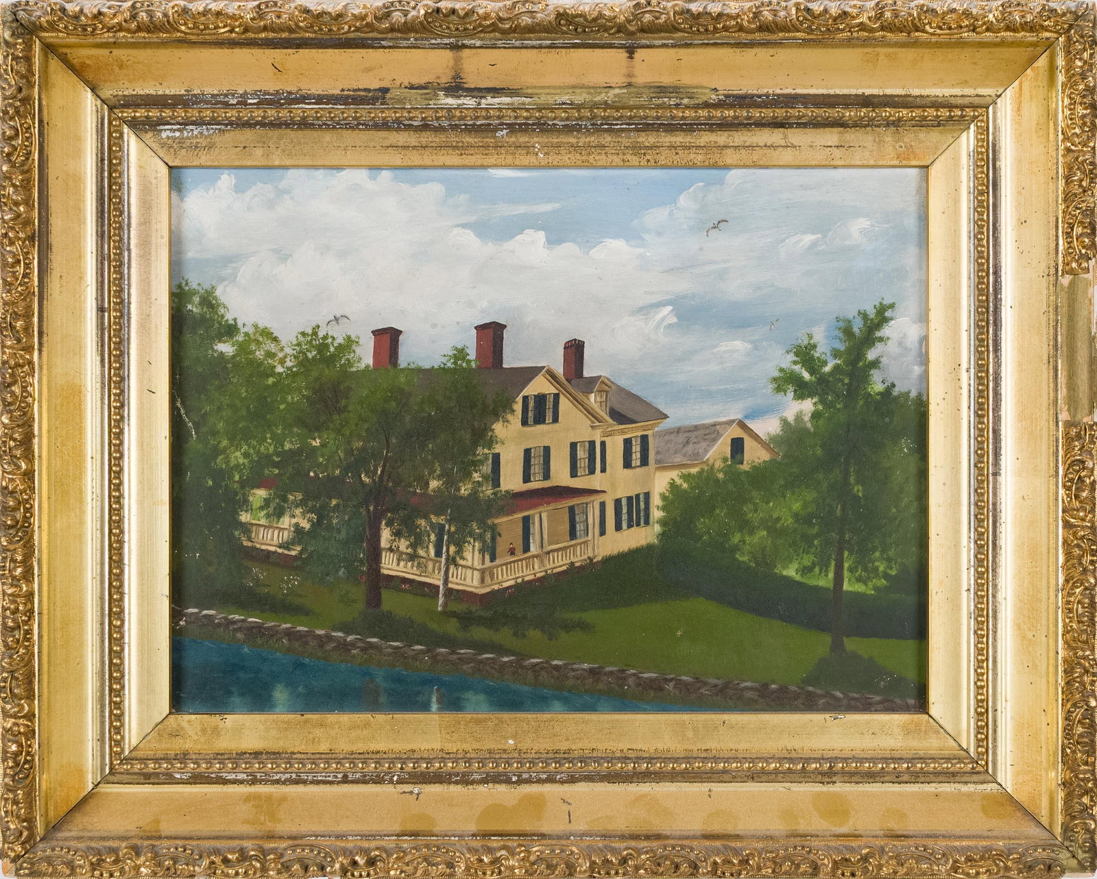 19TH C. OIL PAINTING, RHODE ISLAND HOUSE.: A late 19th C. oil on artist board depicting the Watson Ingraham Farm at 151 Mathewson Rd. Barrington, Rhode Island, provenance on reverse, in a period guilt frame. Image 10” x 14”, Frame