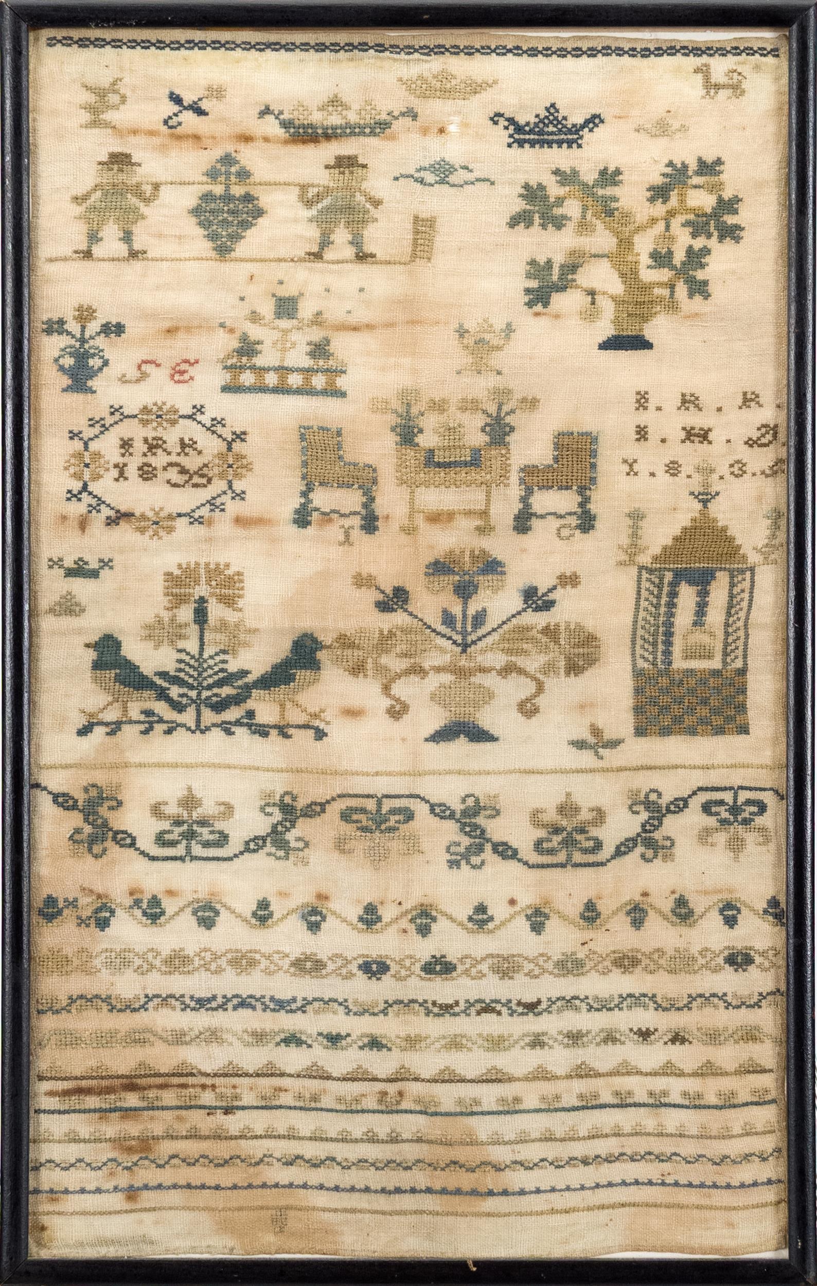 1835 SAMPLER, INITIALED I.R.K.: A 19th C. needlework sampler with domestic, nature, animal, floral and geometric motifs. Initialed I.R.K. Image 9.75” x 16.25”, Frame 10.75” x 17.25”.