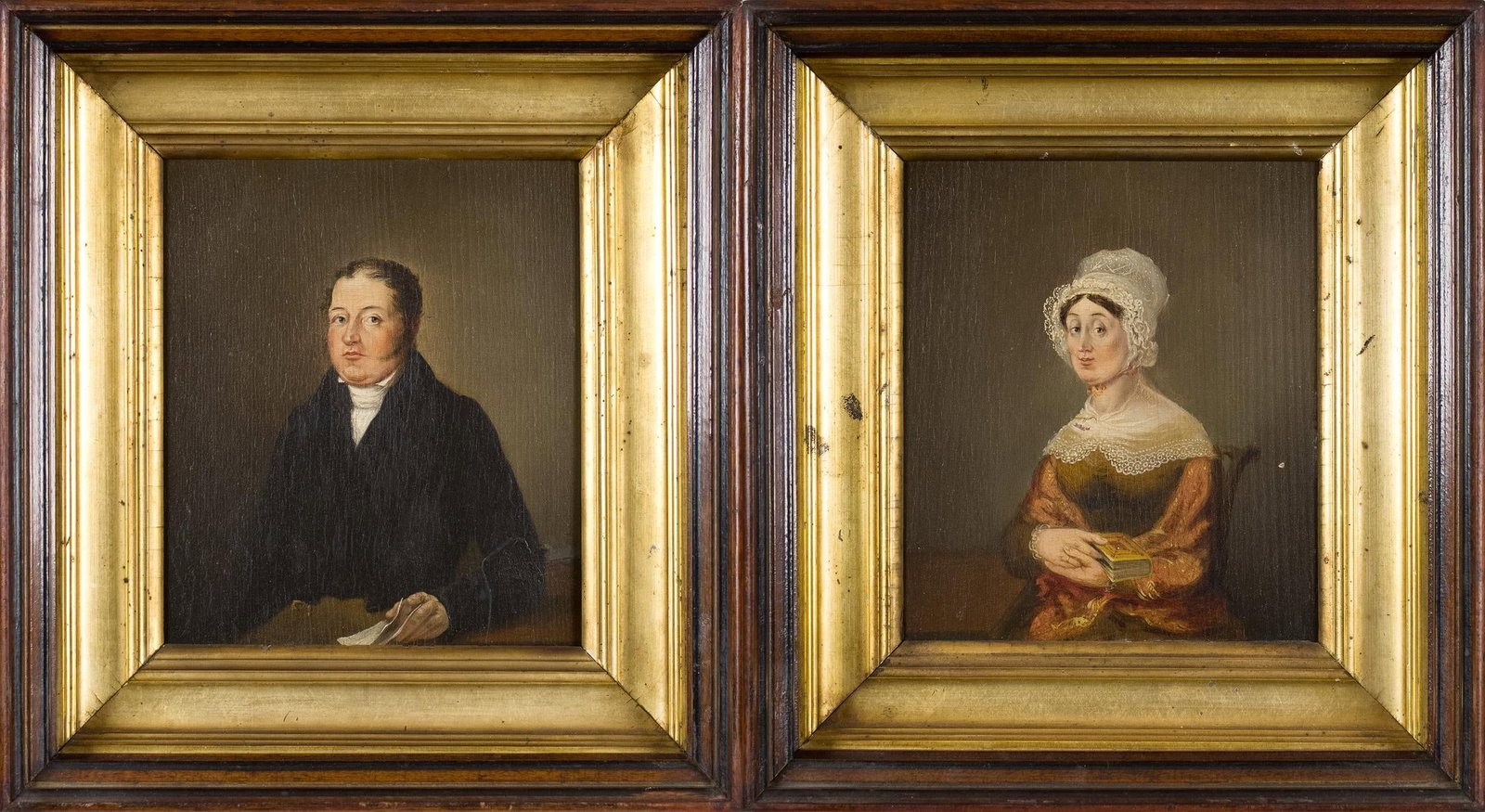 PR. EARLY 19TH C. PORTRAITS PAINTINGS ON WOOD BOARD.: 1830’s English school oil on wood board small portrait paintings of a man holding a document and woman holding her diary, both in later walnut frames, image 8.5” x 7.25”, Frames 12.5