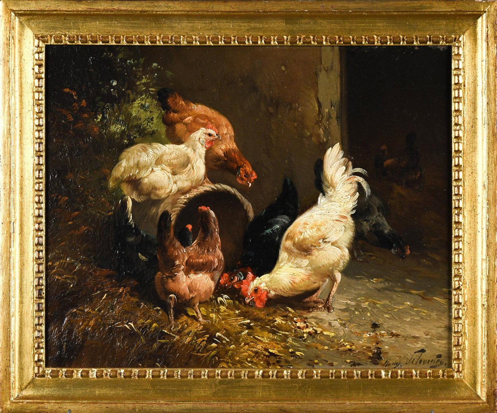19TH C. FRENCH OIL ON WOOD PANEL, CHICKENS.: A signed 19th C. French School oil on mahogany panel, chickens feeding in barn yard, signed lower right (see image). Image 11.5” x 14.5”, Frame 14” x 17”.