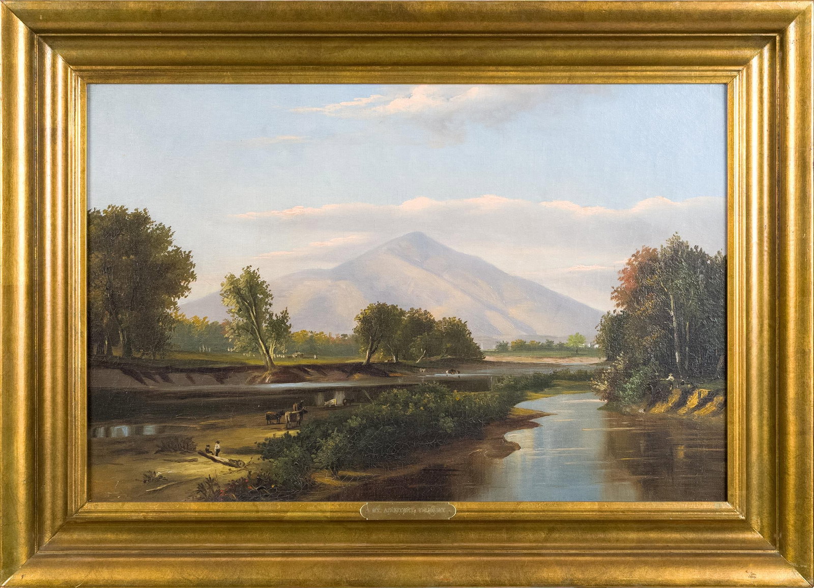 19TH C. O/C VIEW OF MT ASCUTNEY FROM THE CT RIVER.: A mid 19th century oil on canvas view of Ascutney Mountain Vermont from the Connecticut River, in a lemon gold frame. Image 16” x 24”, Frame 21.5” x 29.5”.