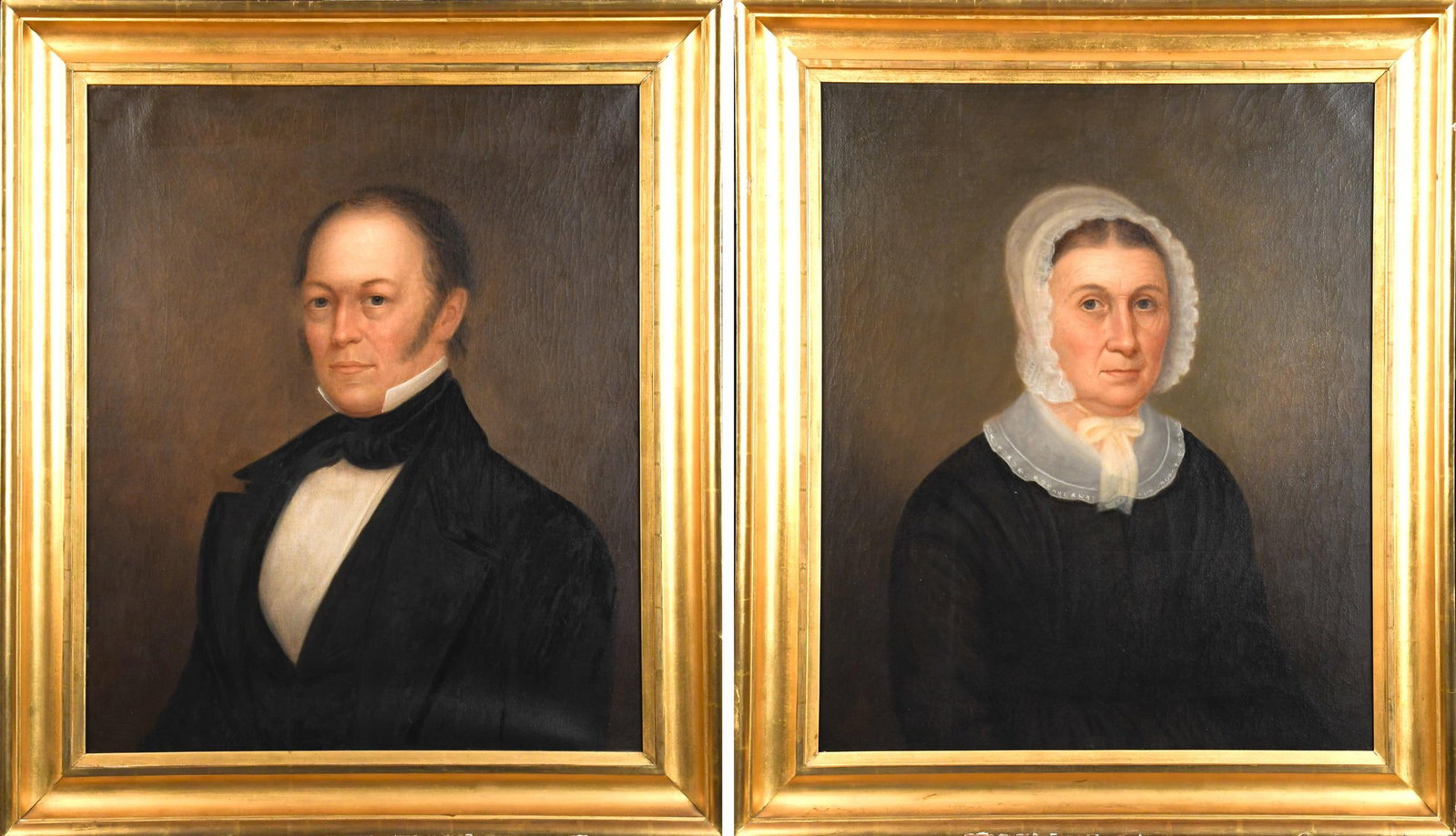 PR. 19TH C. OILS, ISAIAH AND HEPSIBAH MONROE WHEELER.: A pair of 19th C. oil on canvas, portraits of Isaiah and Hepsibah Monroe Wheeler. Both in formal dress against subdued background. Artist unknown. Plaques on frame backs ‘Isaiah Wheeler Born