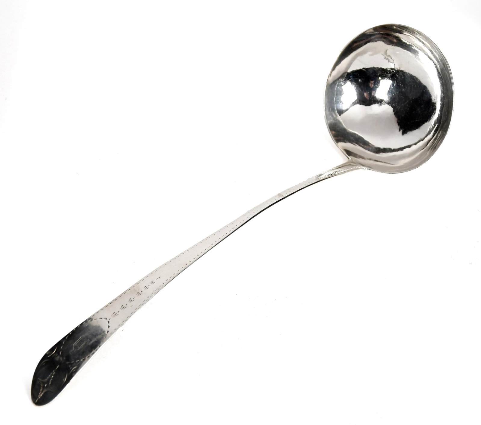 ANTIQUE IRISH STERLING LADLE, WILLIAM WARD.: A late 18th/early 19th C. Irish sterling serving ladle with bright-cut Dublin Star and torso on handle and maker’s mark on reverse, W.W. 5.15 oz t. 13”L.