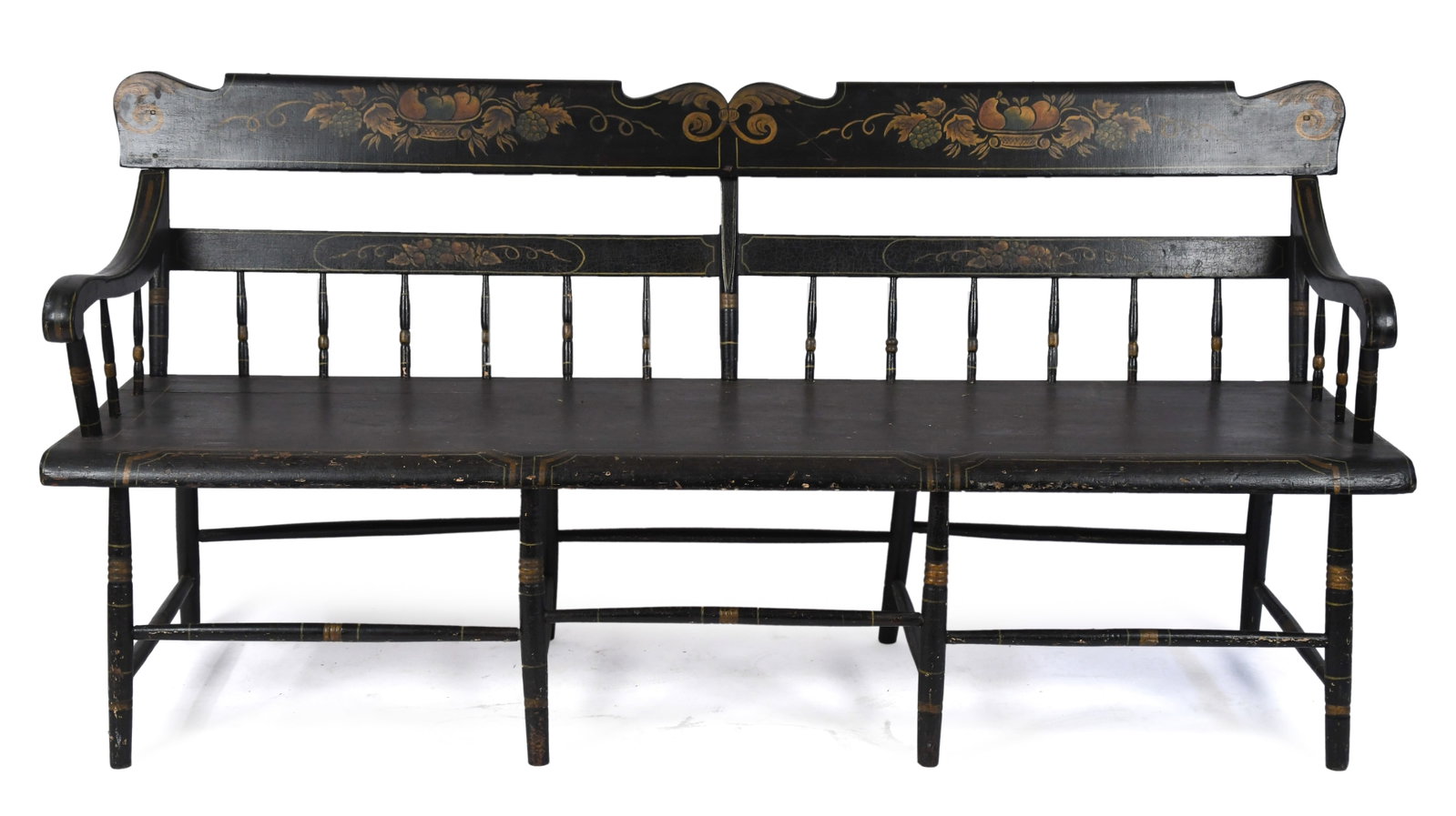19TH C. PA DEACONS BENCH.: A ca. 1850 Pennsylvania deacon’s bench with stenciled decoration on brown/black ground.34.5”H x 73.25”W x 25”D x 17.5” seat H.
