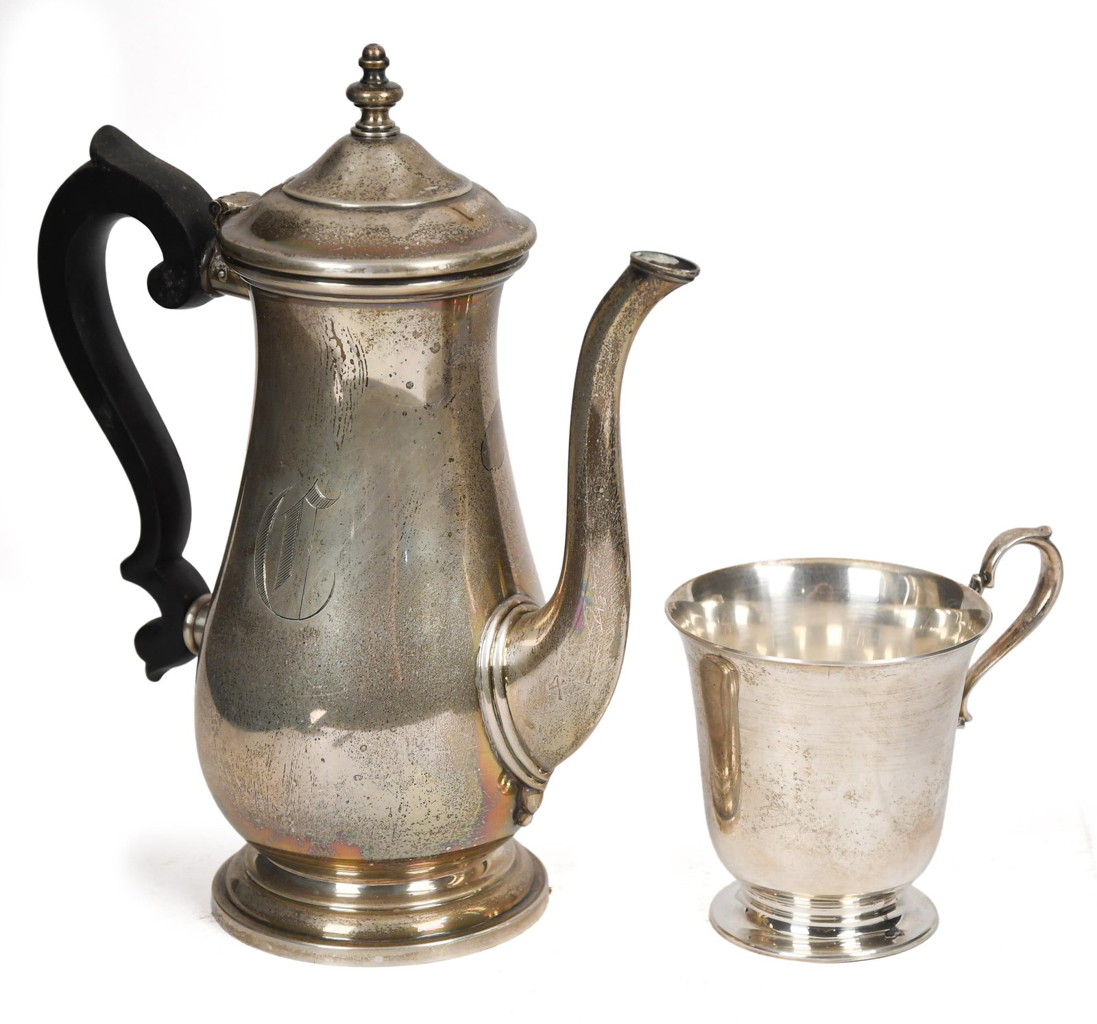 STERLING TEA POT AND CUP.: A Lunt reproduction Paul Revere sterling tea pot, 9”H., along with a Shreve Crump & Low Co. sterling cup, 3.75”H. 21.65 oz t.