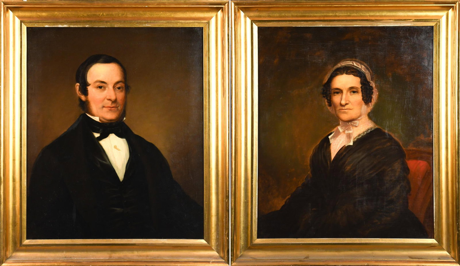 PR. 19TH C. OILS, ISAIAH & CAROLINE RICHARDS.: A pair of 18th C. oil on canvas, portraits of Isaiah Dunstan Richards and Caroline Capen Richards, Both sitters in formal attire with rich tones and subdued backgrounds. Artist Unknown. Plaques on