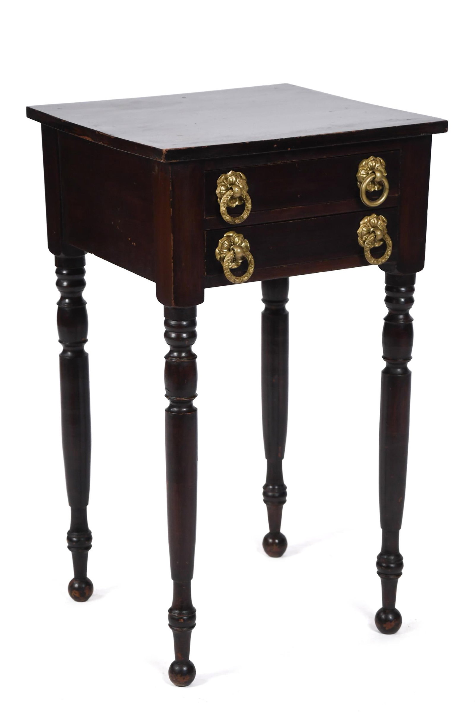 19TH C. SHERATON TWO DRAWER STAND, OLD FINISH.: A ca. 1820 Federal/Sheraton 2 drawer stand with original brass hardware and finish, on turned legs. 29.5”H x 16.5”W x 16.25”D.
